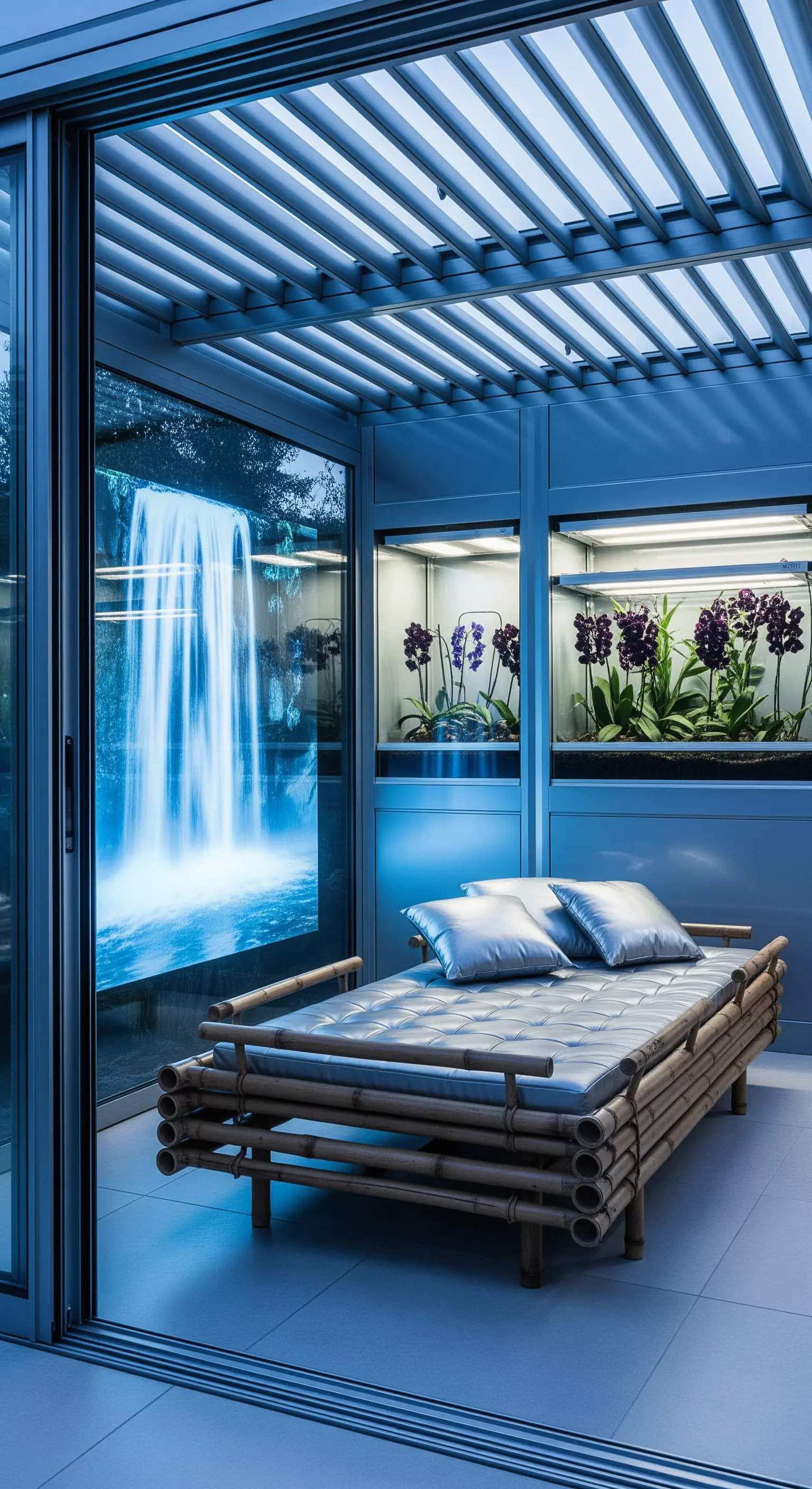 Spazio futuristico con lettino in bambù, teche per orchidee e una cascata proiettata su schermo.