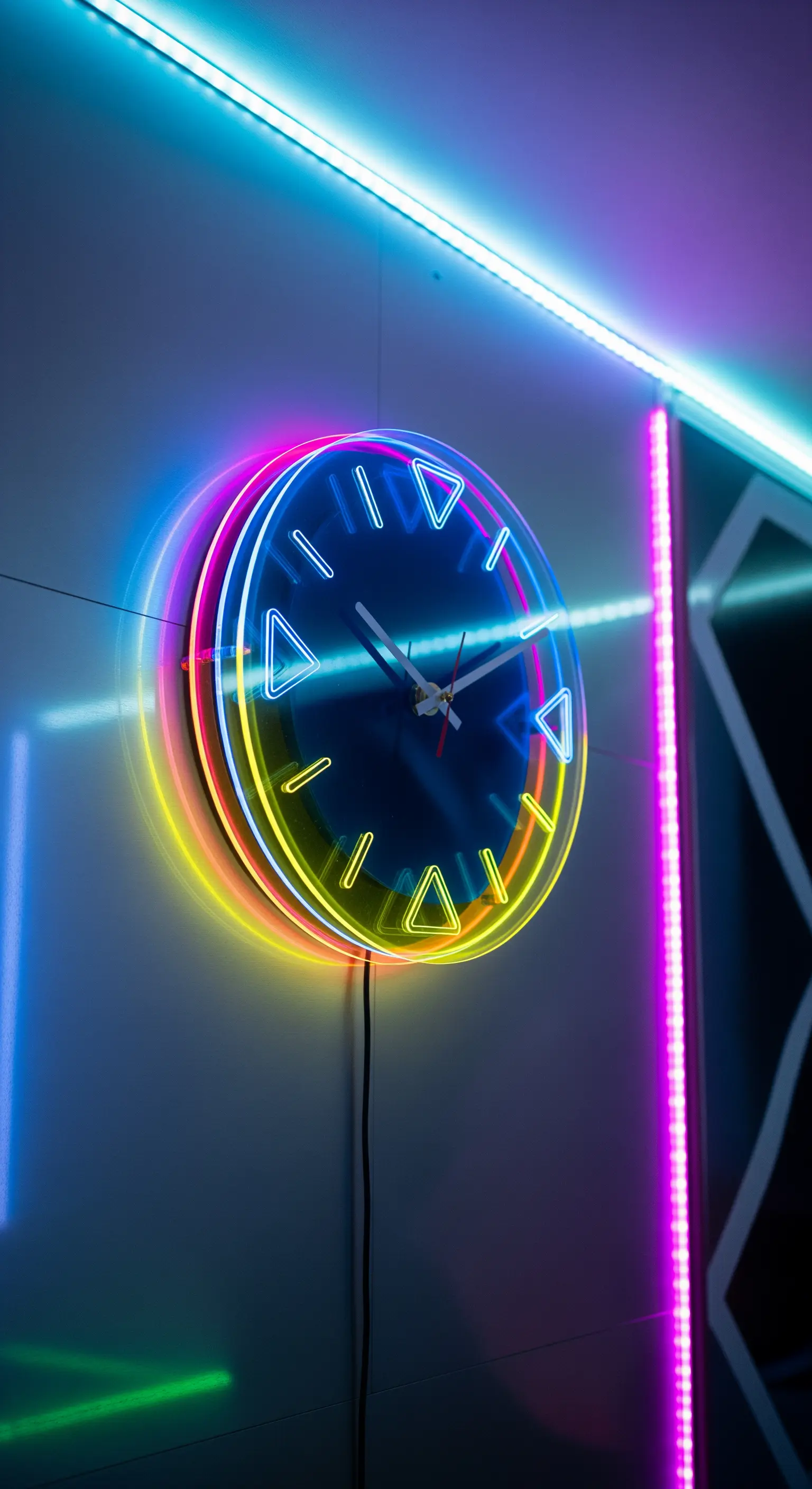 Orologio da parete moderno illuminato da cerchi di luce al neon multicolore, rosa, giallo e blu.