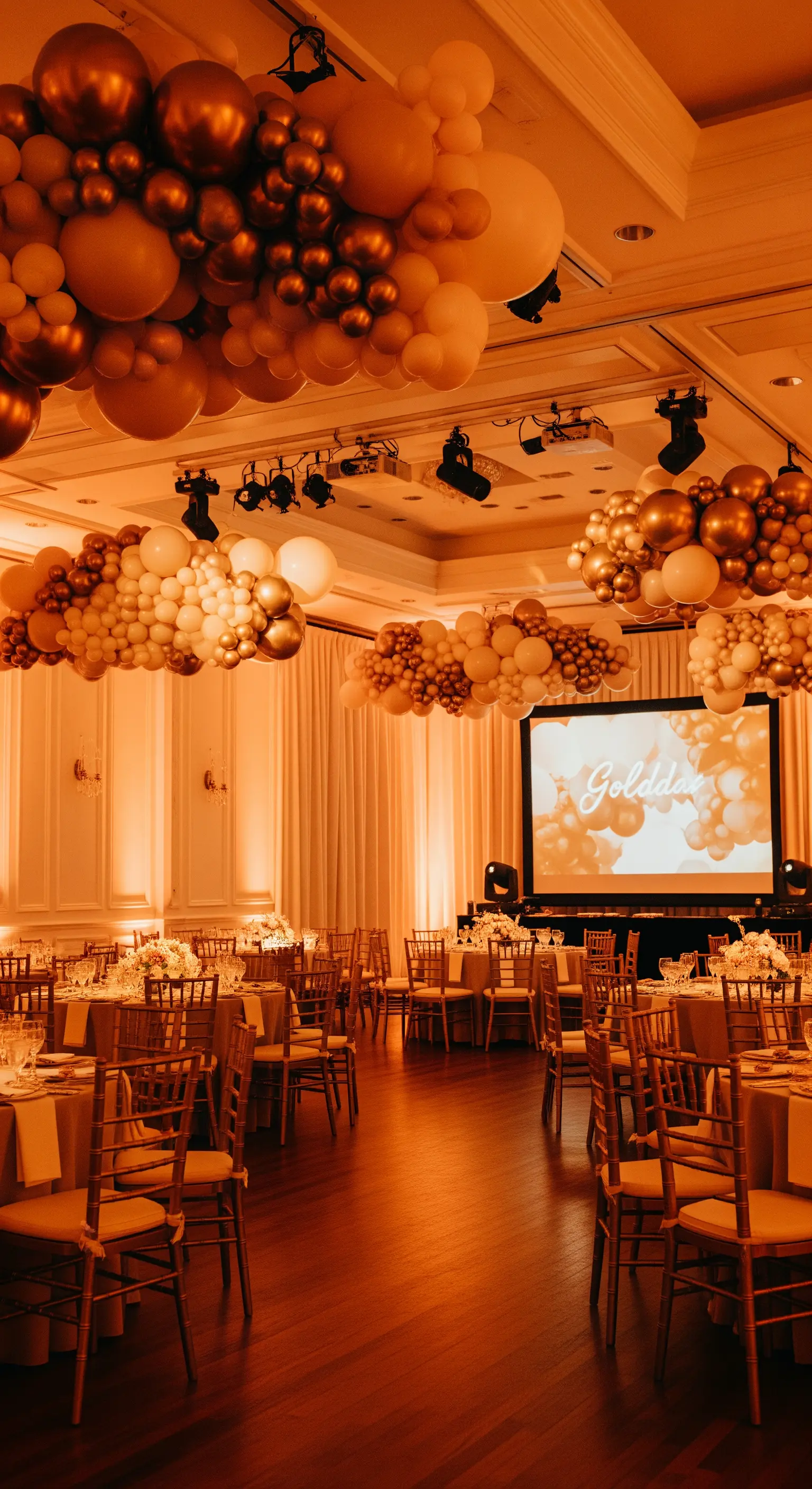Sala da ricevimento elegante con nuvole di palloncini dorati e color crema appese al soffitto.