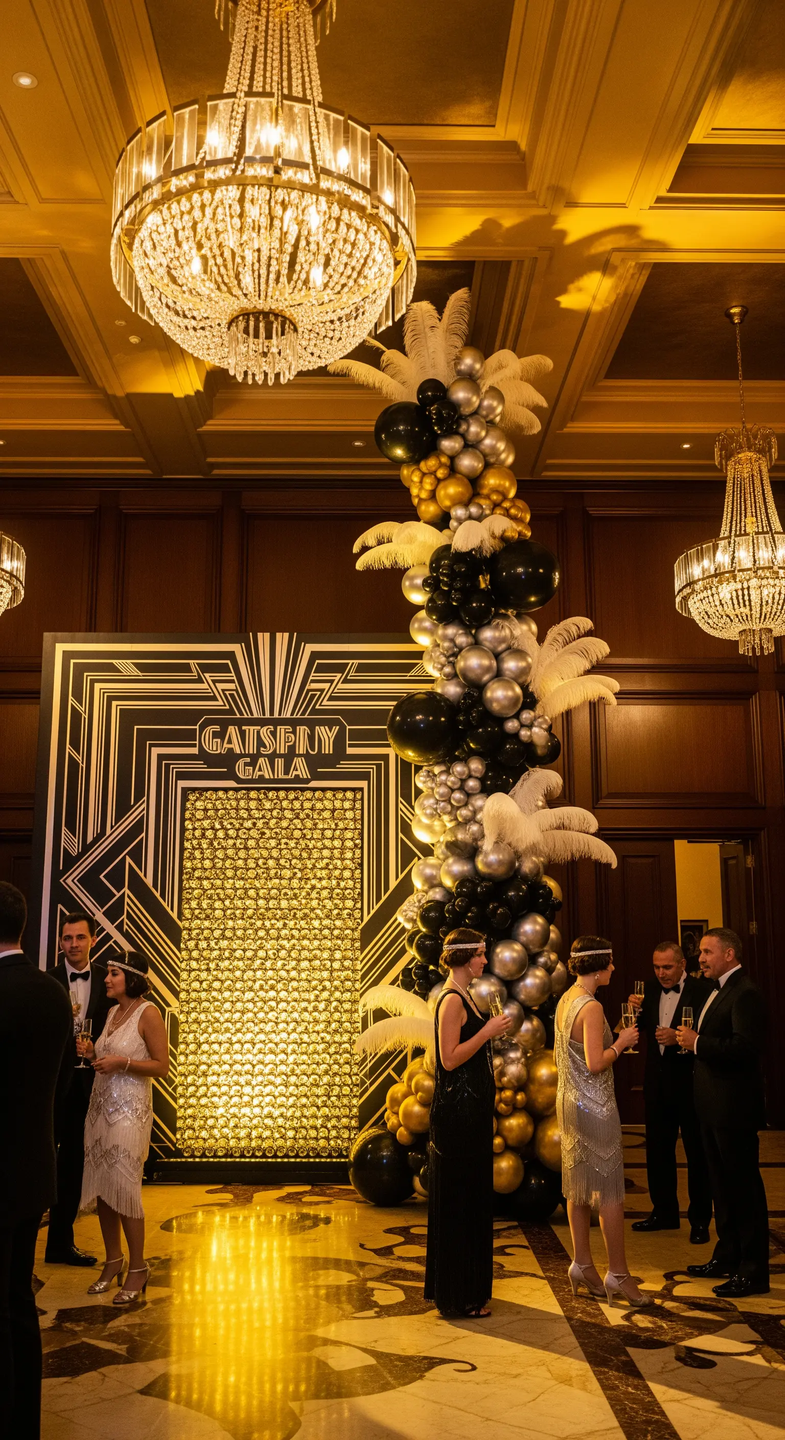 Festa a tema Gatsby con backdrop geometrico, palloncini neri e oro e piume bianche.