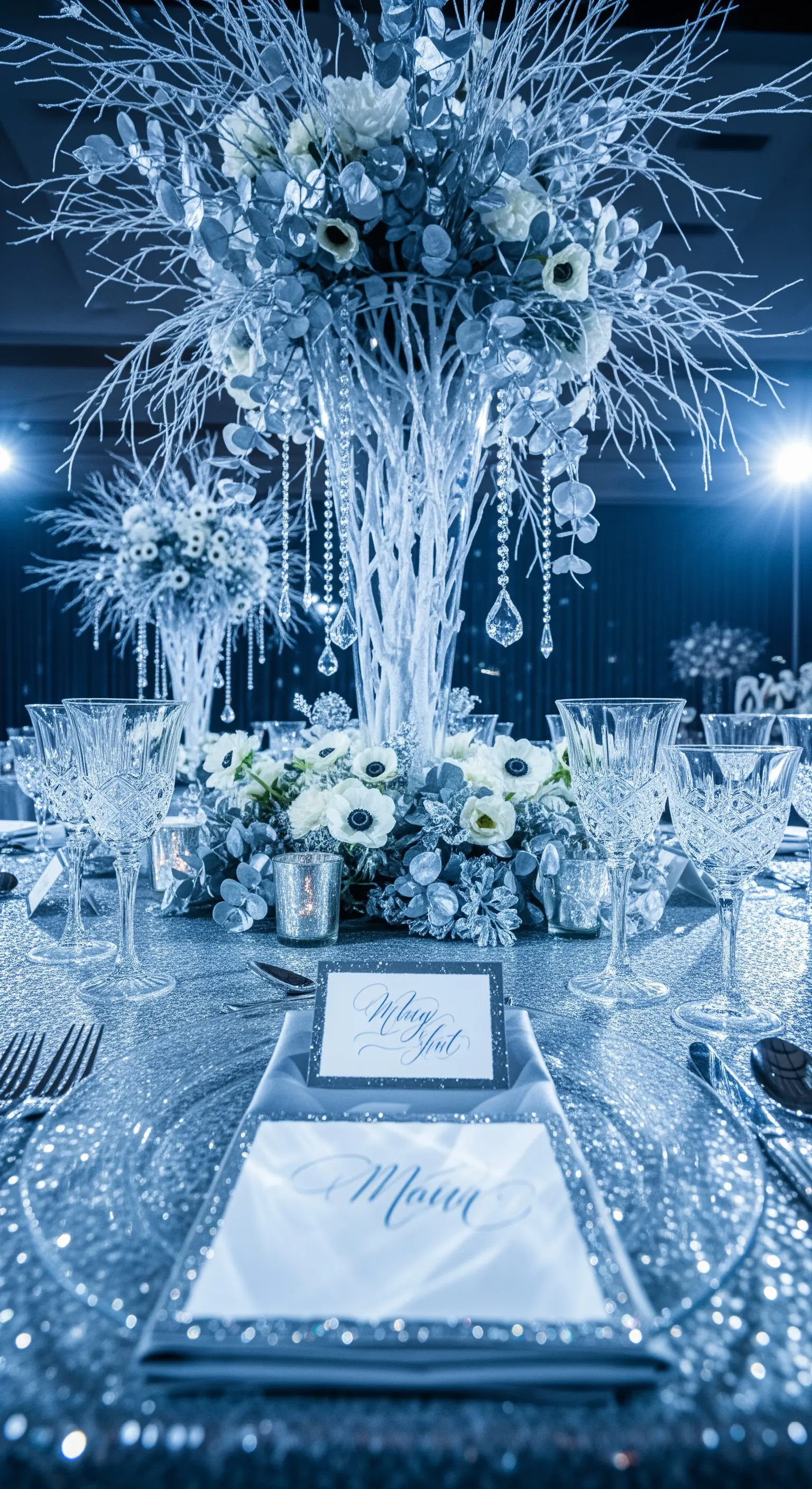 Allestimento invernale con tovaglia argentata, rami bianchi e cristalli pendenti.