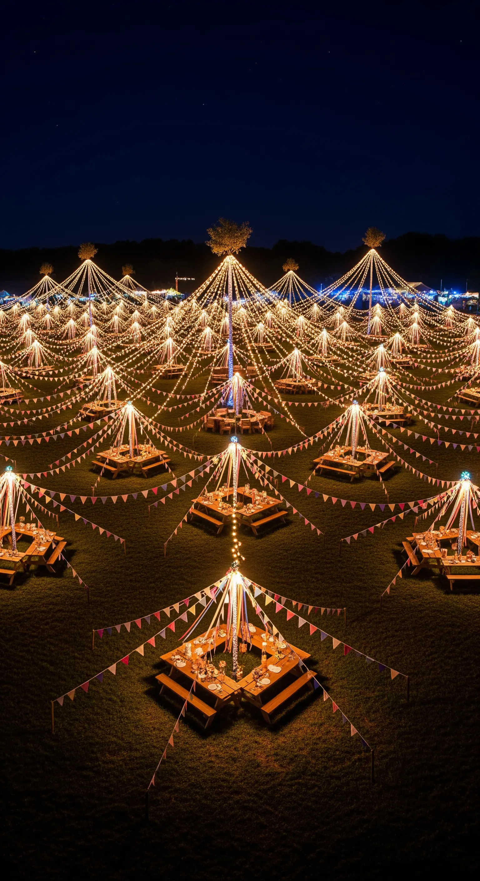 Grande prato di notte con tavoli da picnic illuminati da spettacolari strutture di lucine.