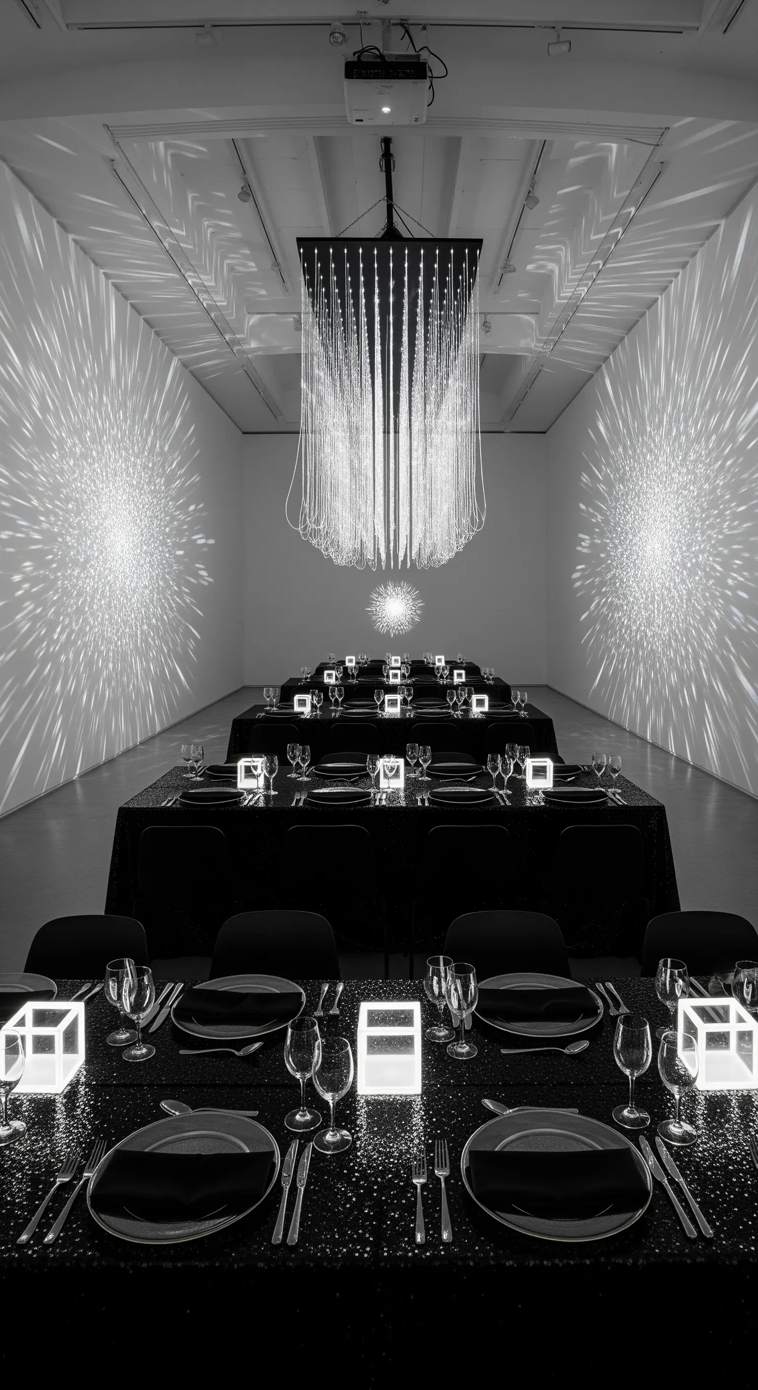 Tavolata in bianco e nero con proiezioni di luce e lampade cubiche a LED.