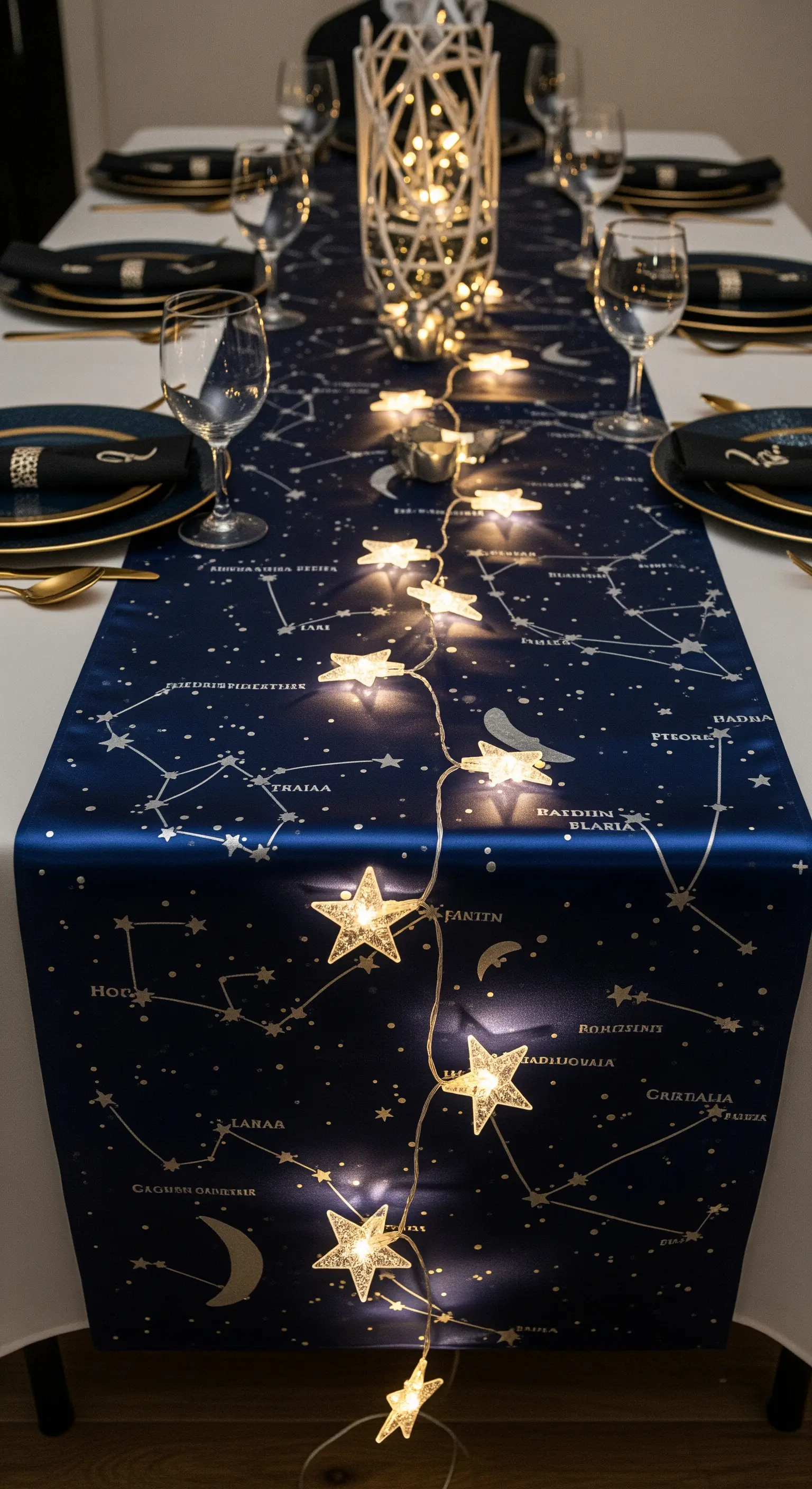 Runner blu scuro con stampa di costellazioni, illuminato da una catena di luci a stella.