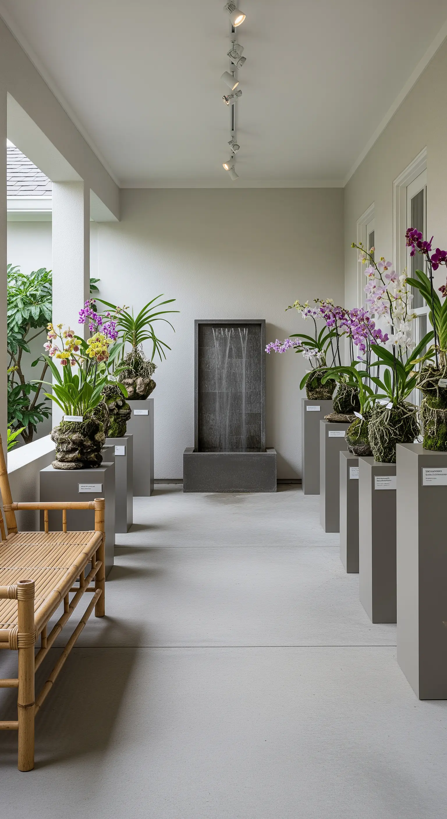 Corridoio-galleria con orchidee esposte su piedistalli grigi, panca in bambù e cascata a parete.