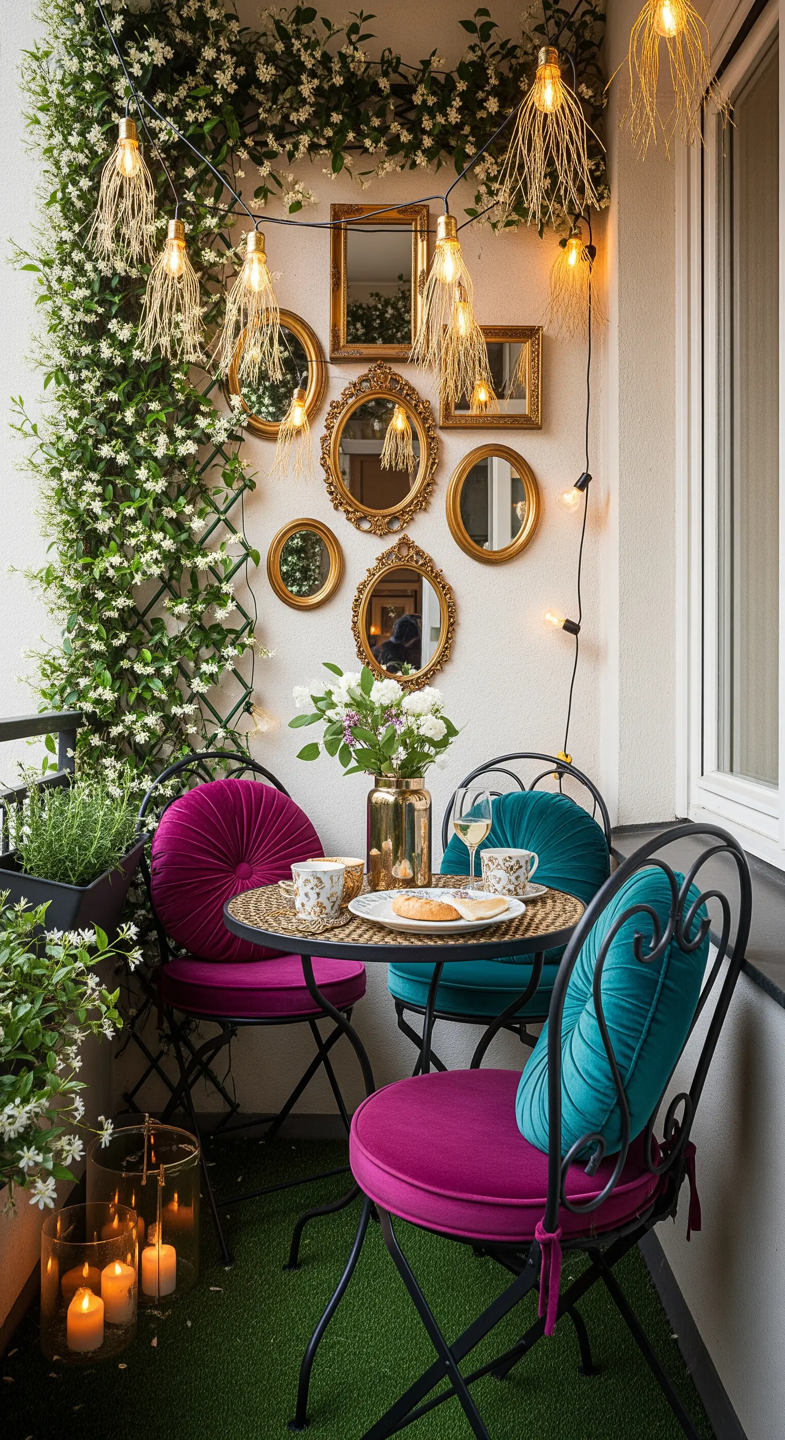 Parete di specchi dorati di varie forme su un piccolo balcone con piante rampicanti e luci.