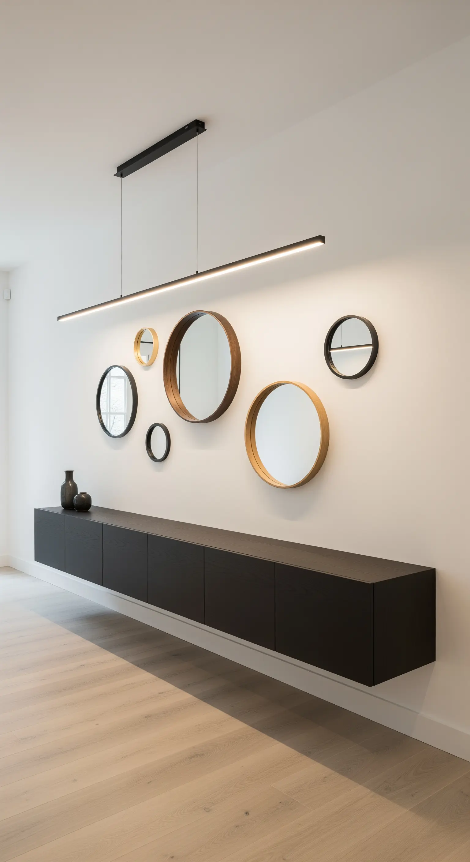 Parete con una composizione di specchi rotondi di varie dimensioni sopra una lunga consolle sospesa.