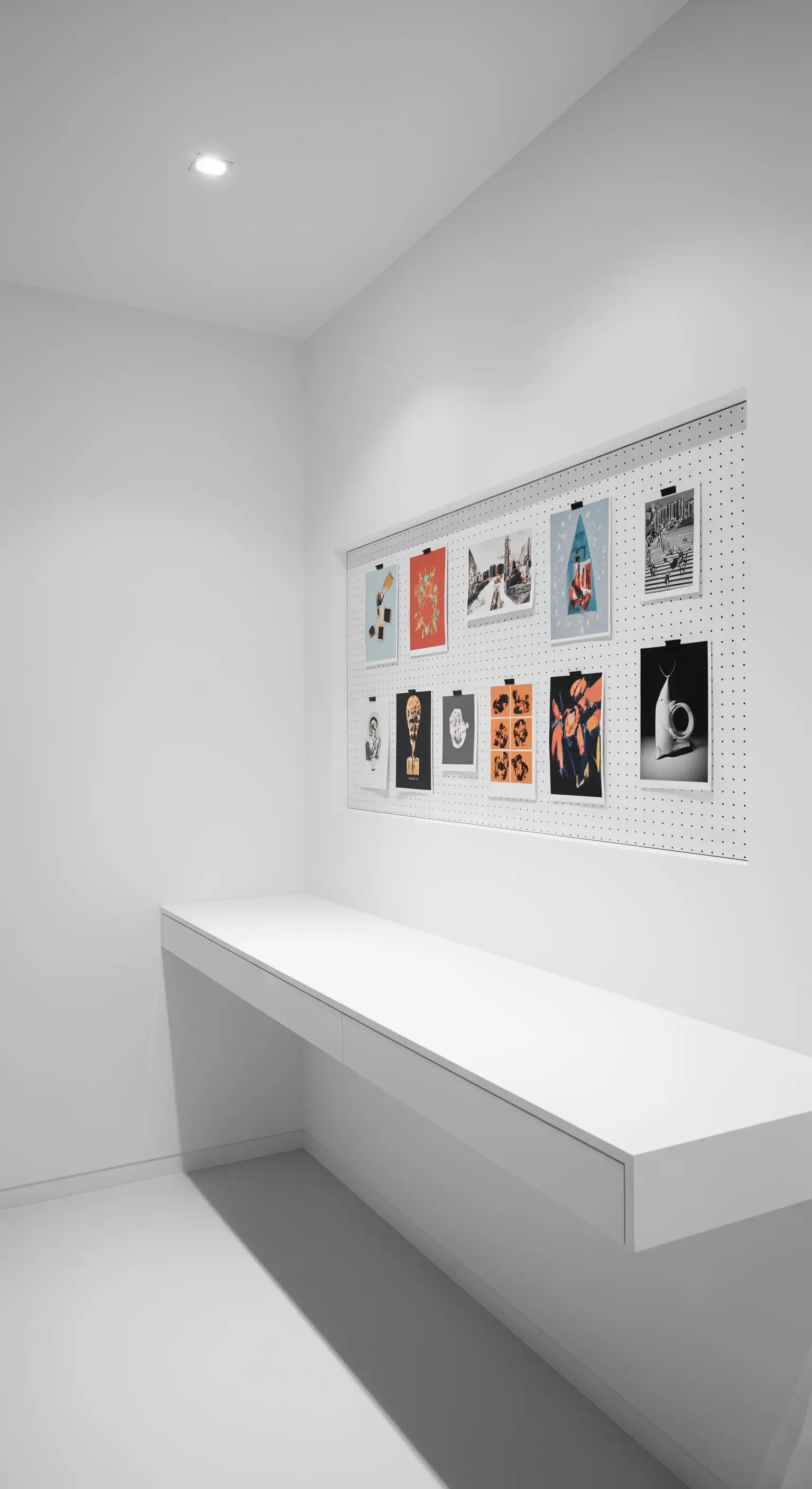 Lunga scrivania sospesa bianca in un ambiente minimalista con una nicchia a pannello forato.