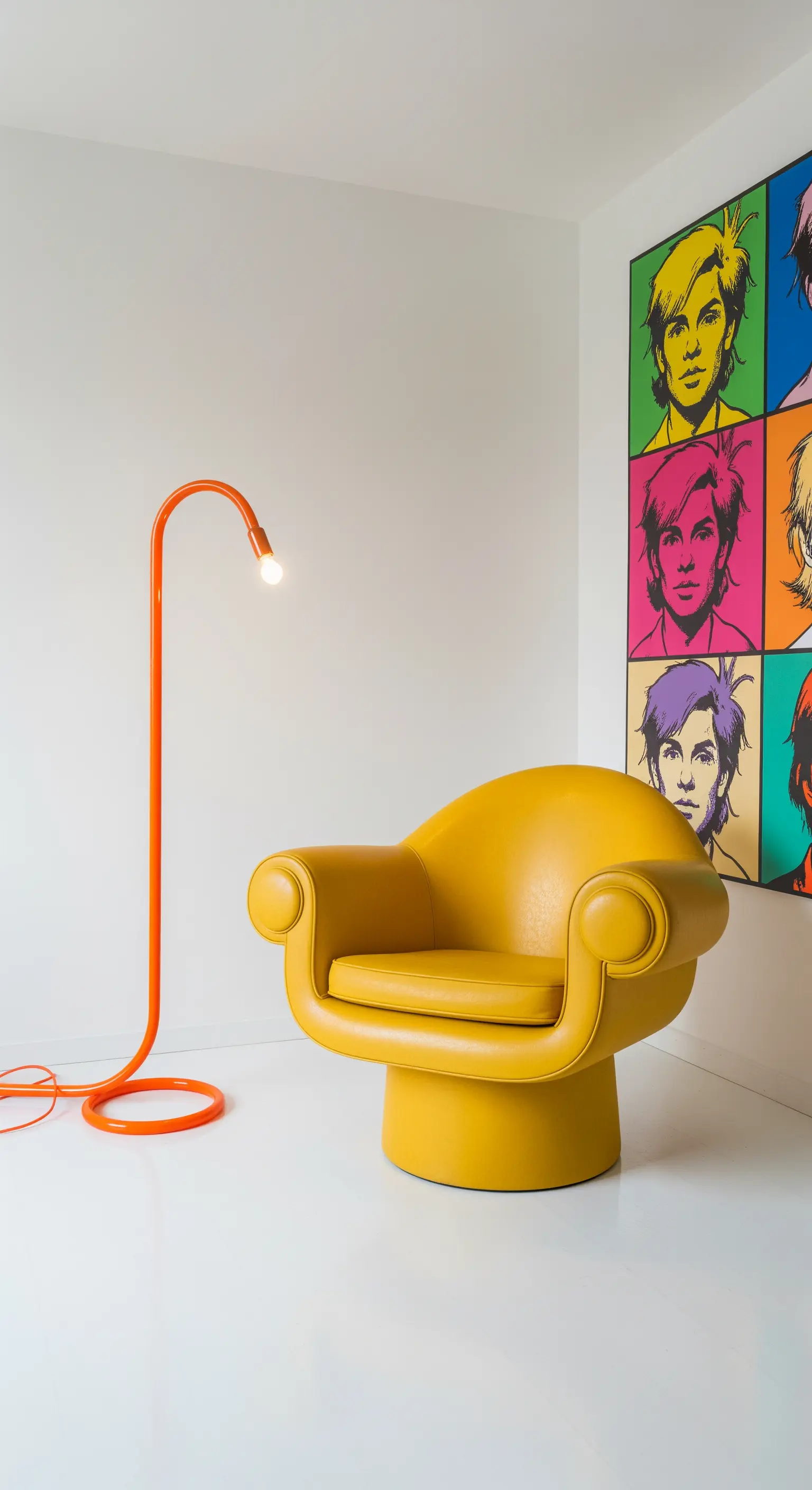 Poltrona senape dalle forme curve, lampada arancione e grande quadro Pop Art su parete bianca.