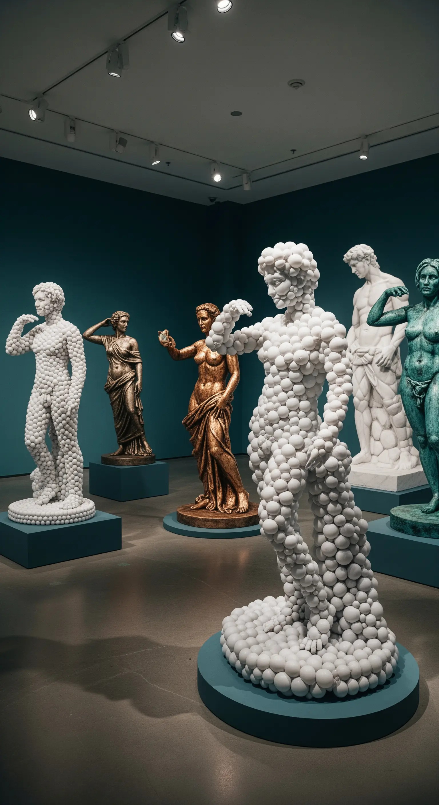 Statue classiche greche e romane ricreate con palloncini bianchi in un'esposizione museale.