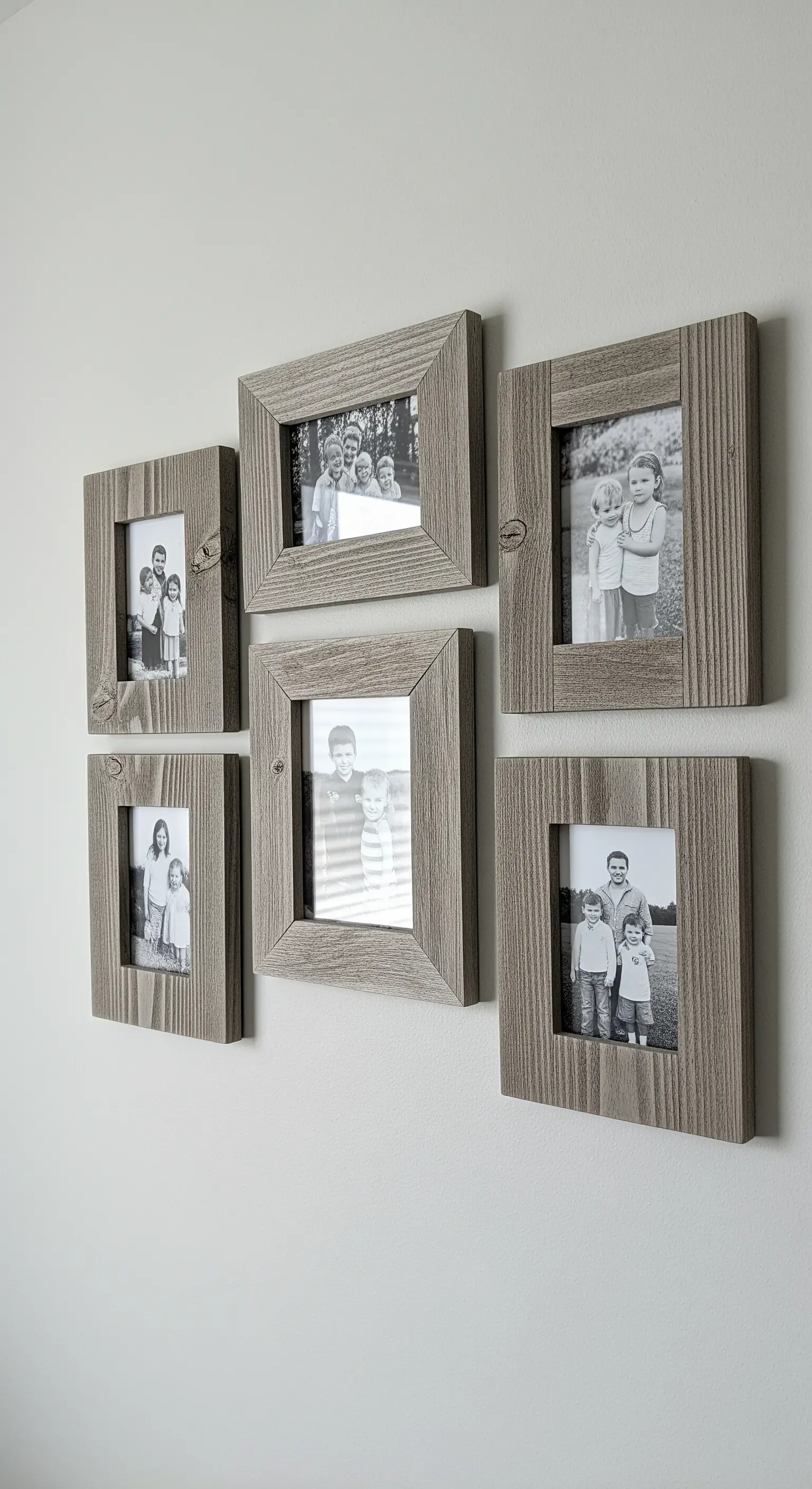 Composizione di sei cornici in legno grezzo con foto di famiglia in bianco e nero.