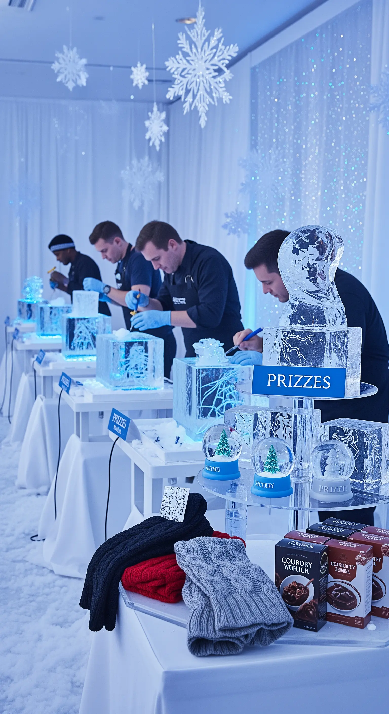 Una gara di sculture di ghiaccio in un ambiente bianco e blu con neve finta e premi a tema invernale.