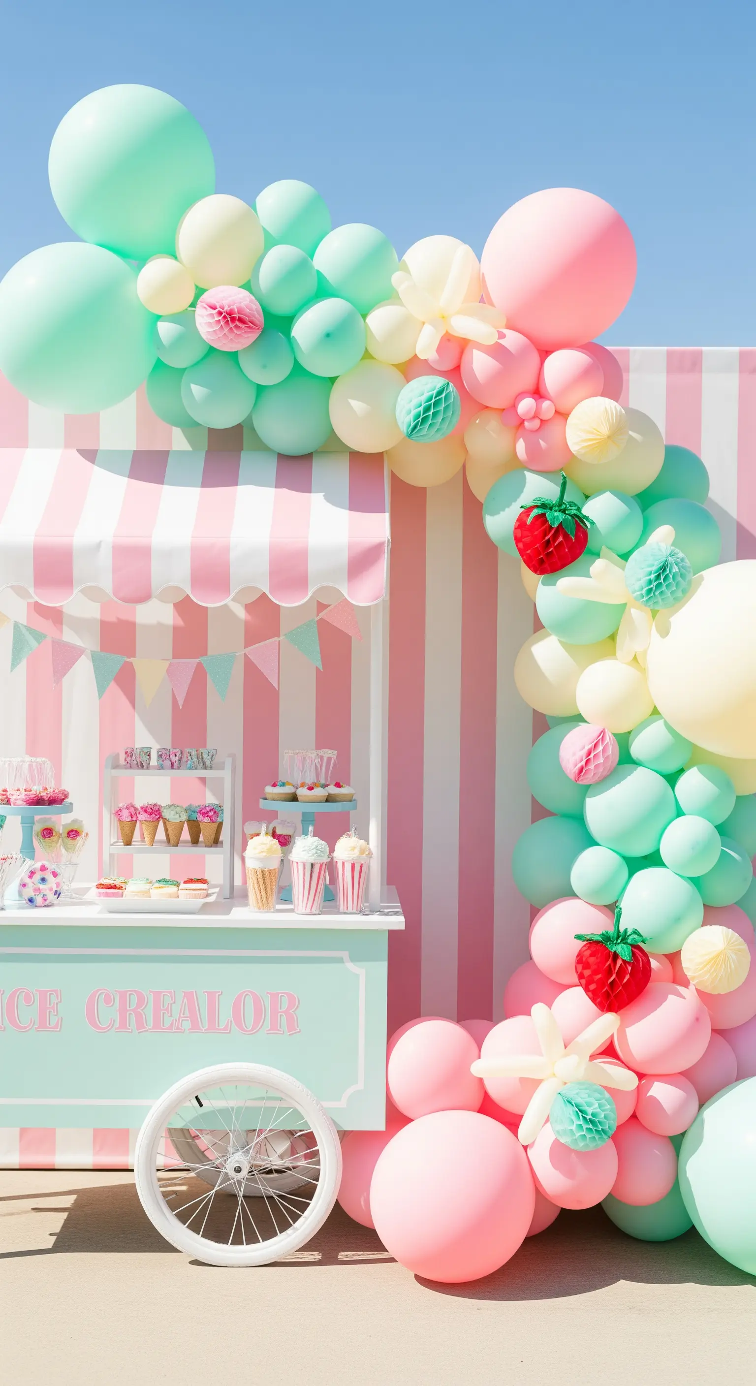Allestimento a tema gelateria con carretto vintage e arco di palloncini pastello.