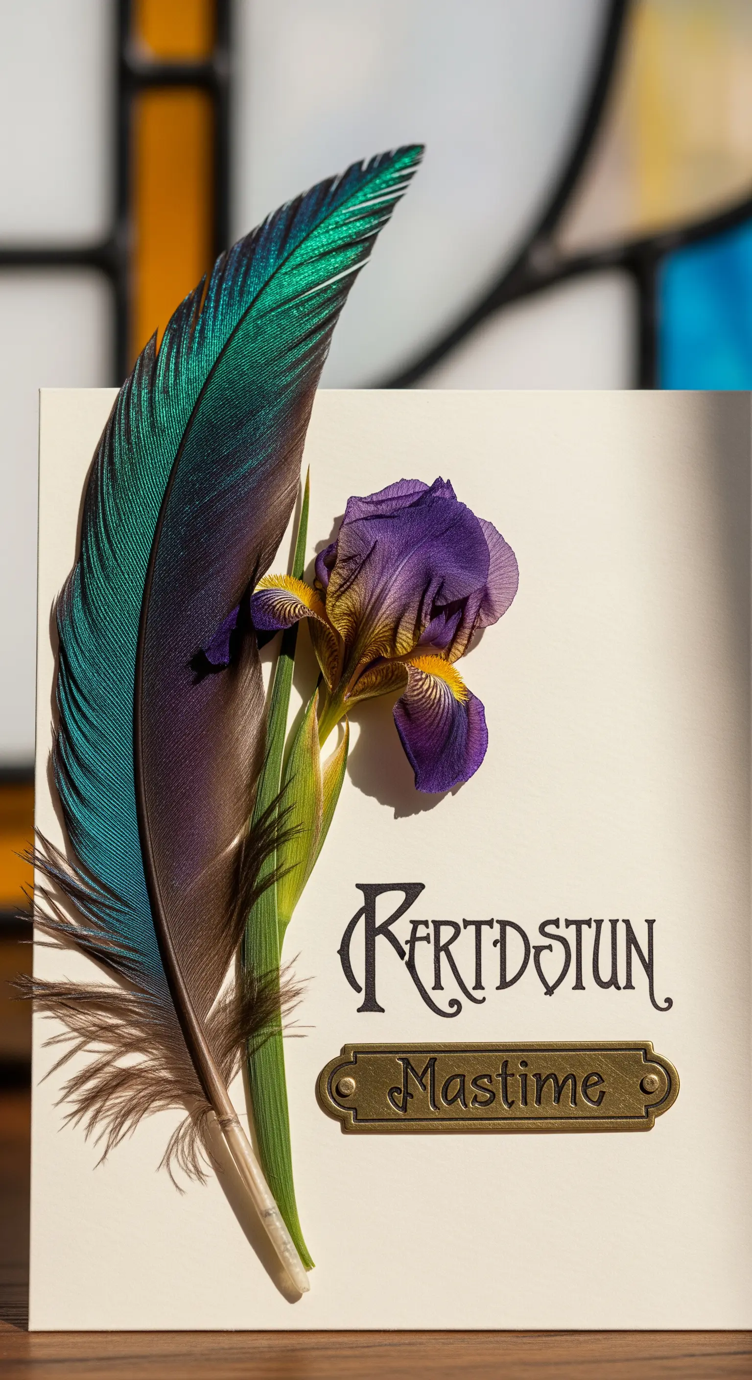 Segnaposto artistico con piuma iridescente, fiore di iris e targa in ottone.