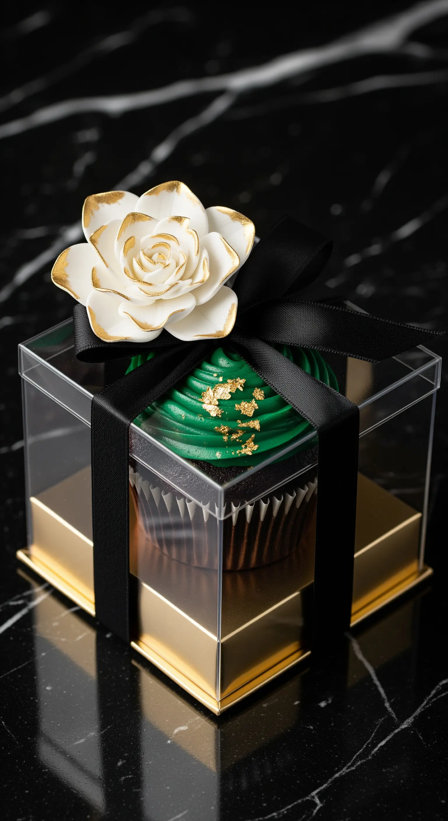 Cupcake verde smeraldo con fiore bianco e oro in una scatola con base dorata.