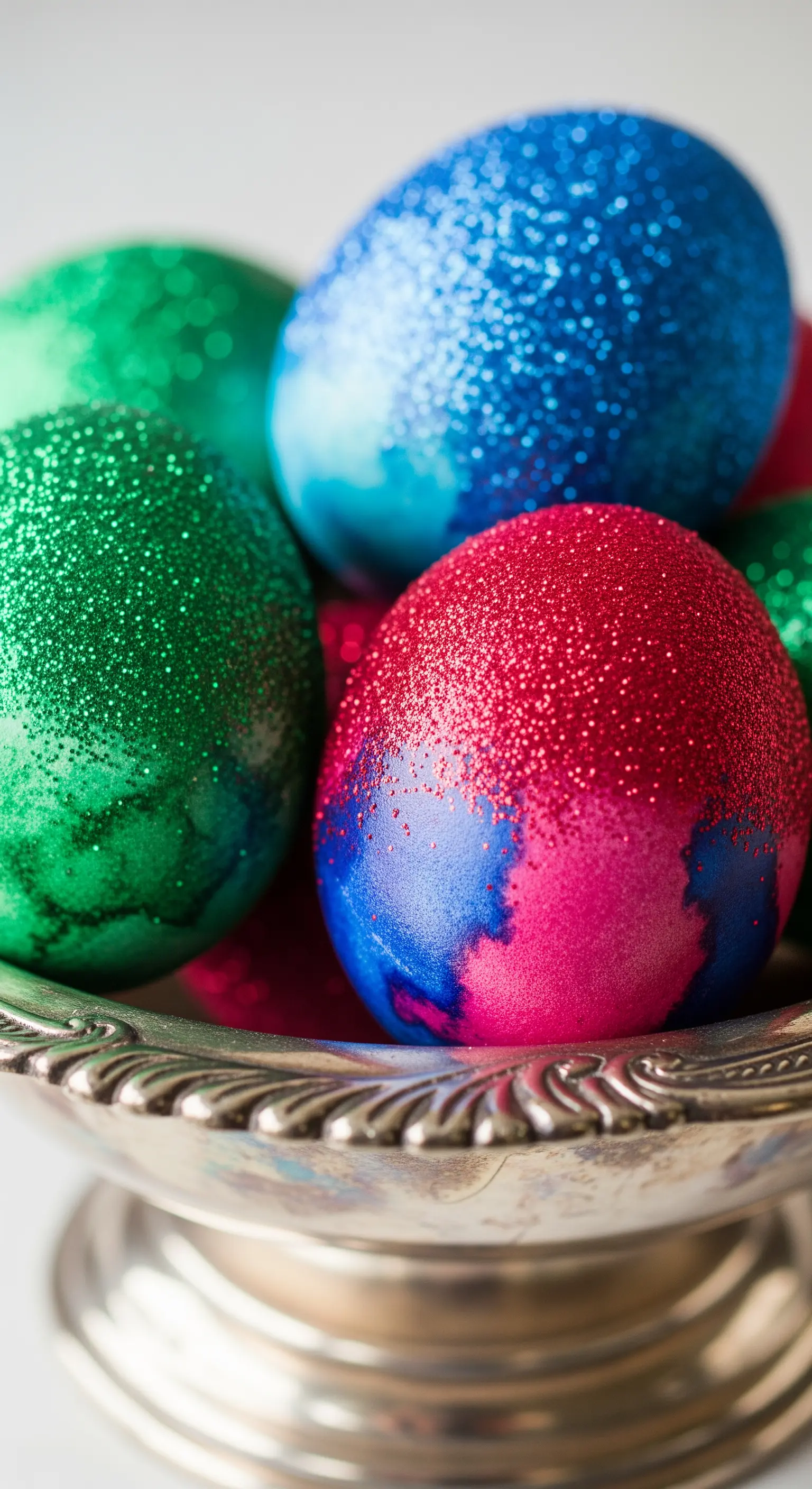 Uova pasquali in colori vivaci (rosso, blu, verde) interamente ricoperte di glitter.