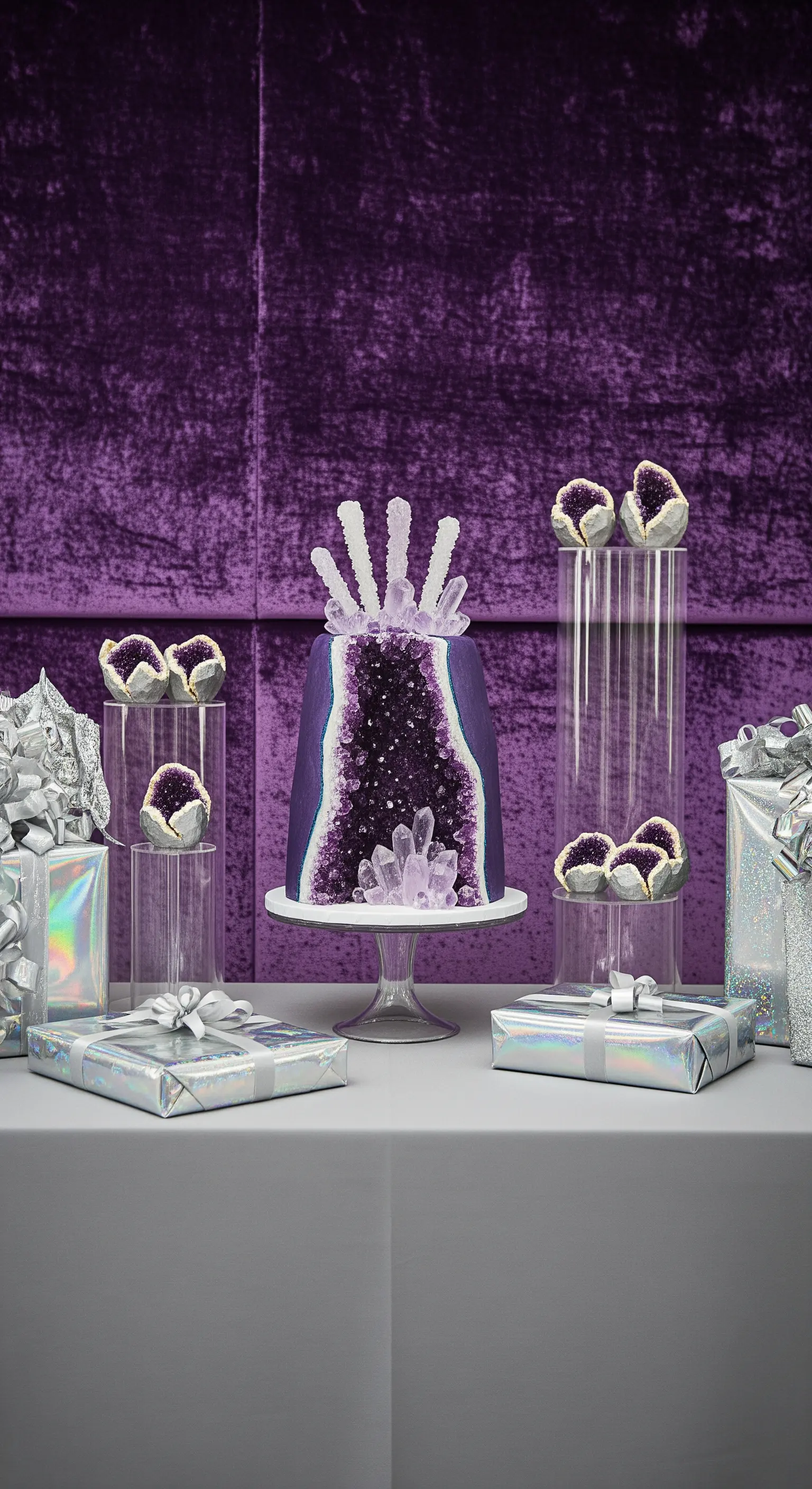 Buffet a tema geode con torta ametista, cristalli veri e sfondo in velluto viola.