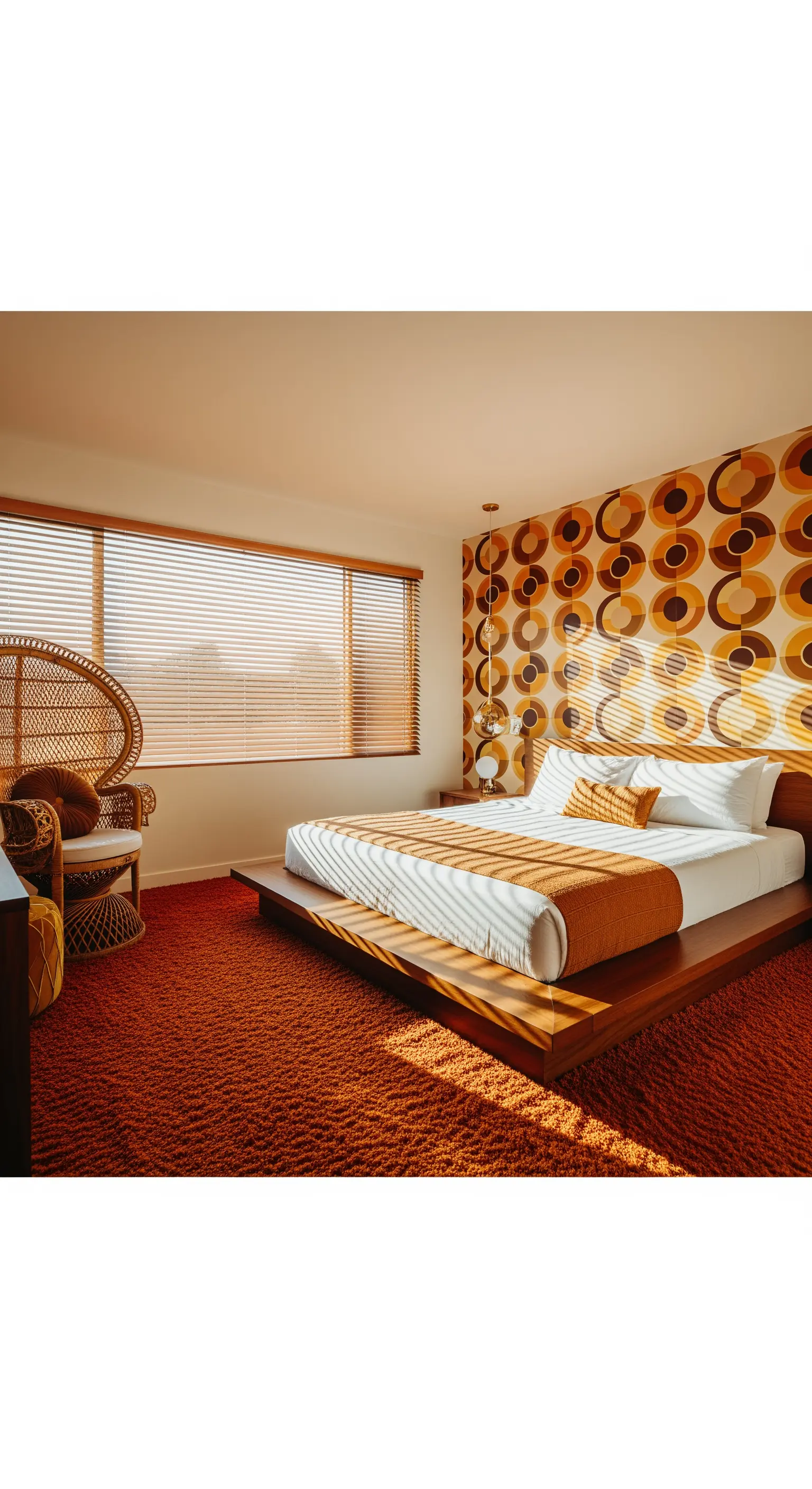 Camera da letto anni '70 con carta da parati geometrica arancione e moquette spessa.