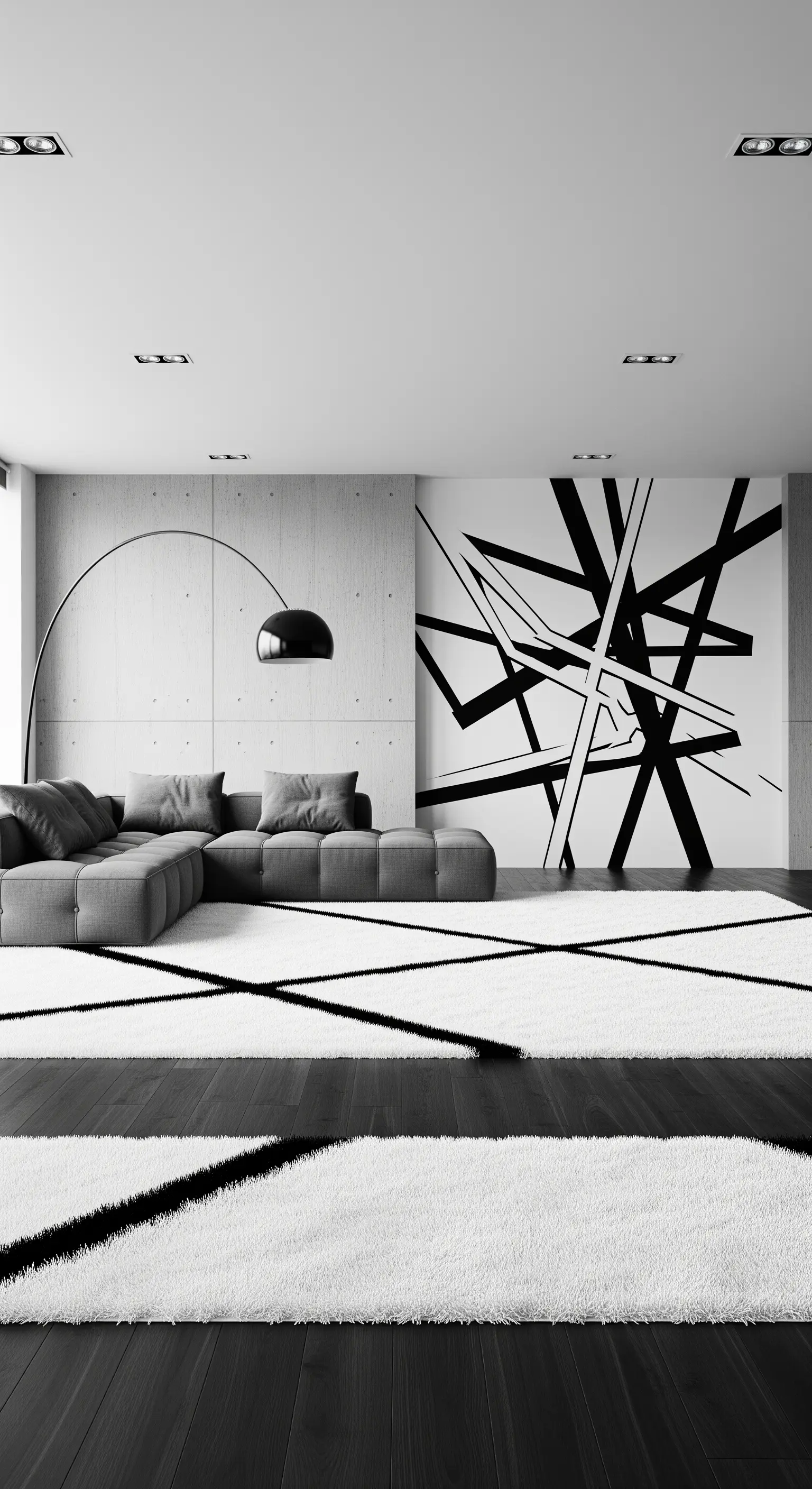 Salotto minimal con tappeto geometrico e opera d'arte astratta in bianco e nero.