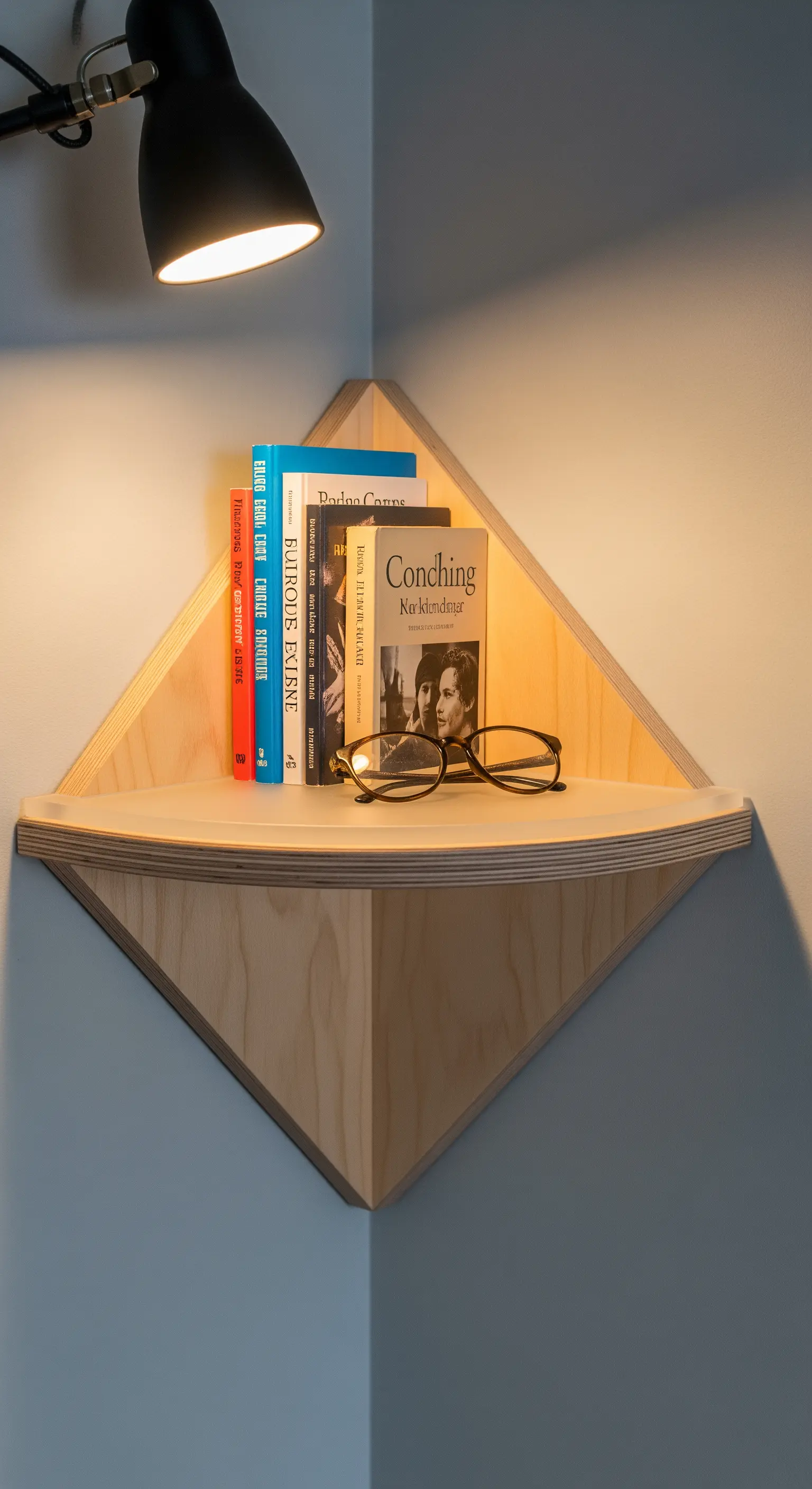 Mensola angolare in multistrato di legno chiaro con libri e occhiali sotto una lampada.