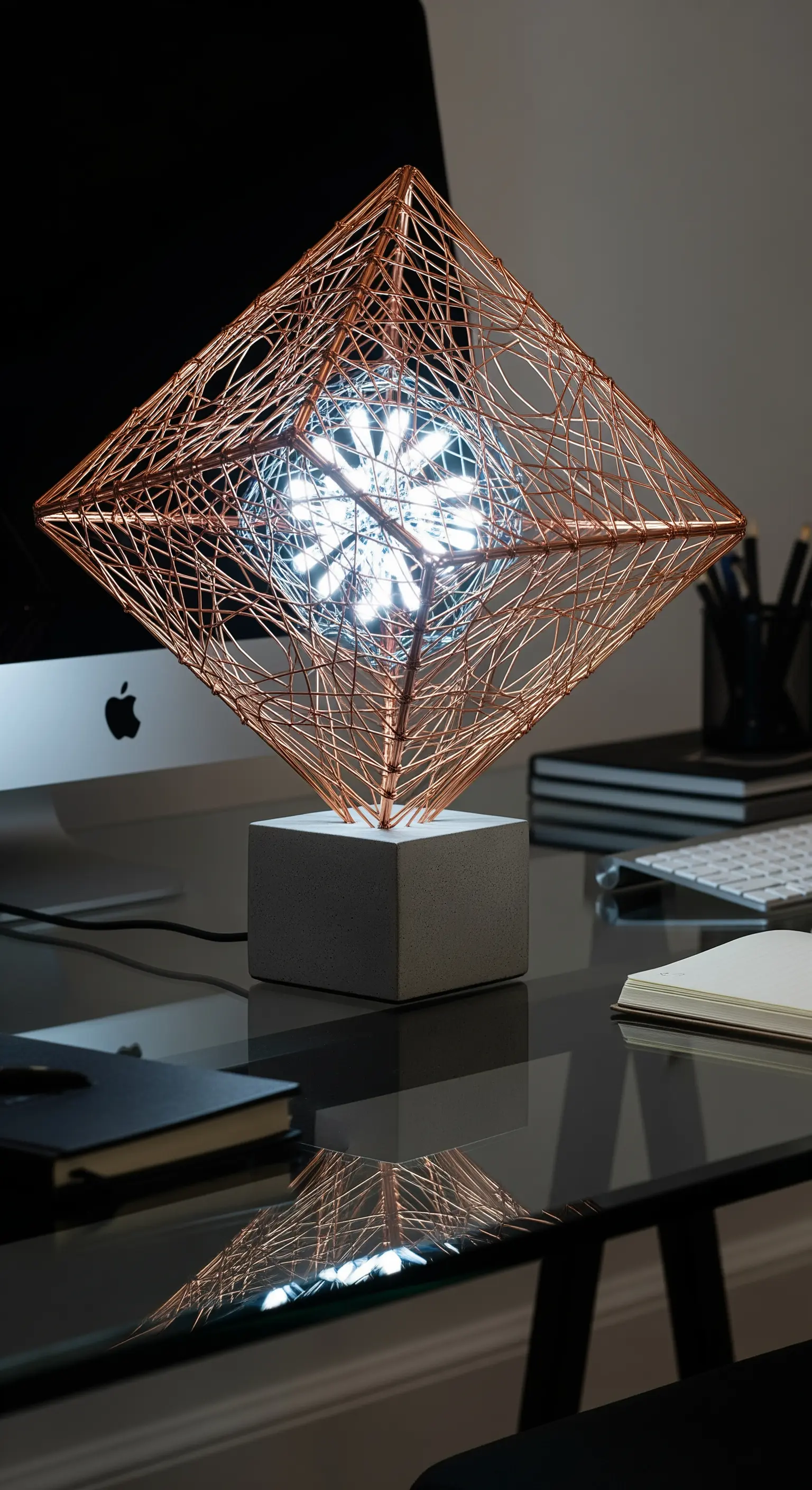 Lampada da scrivania geometrica in filo di rame con base in cemento e nucleo luminoso.