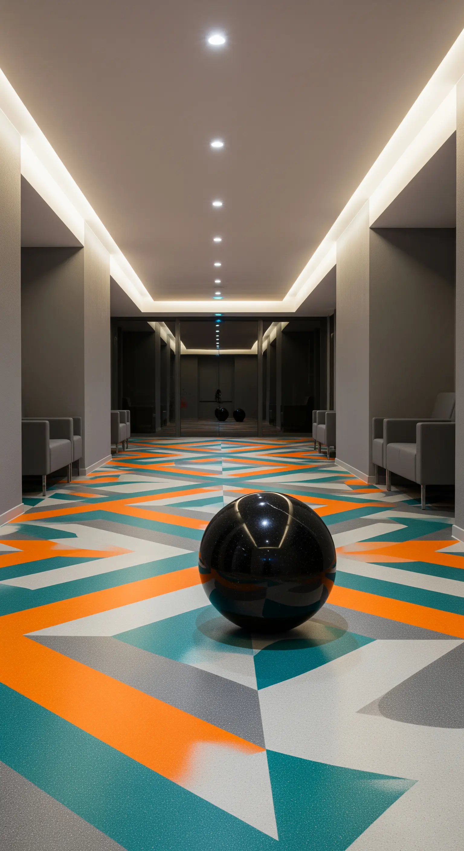Corridoio con pavimento in resina a motivi geometrici colorati e una sfera nera lucida.