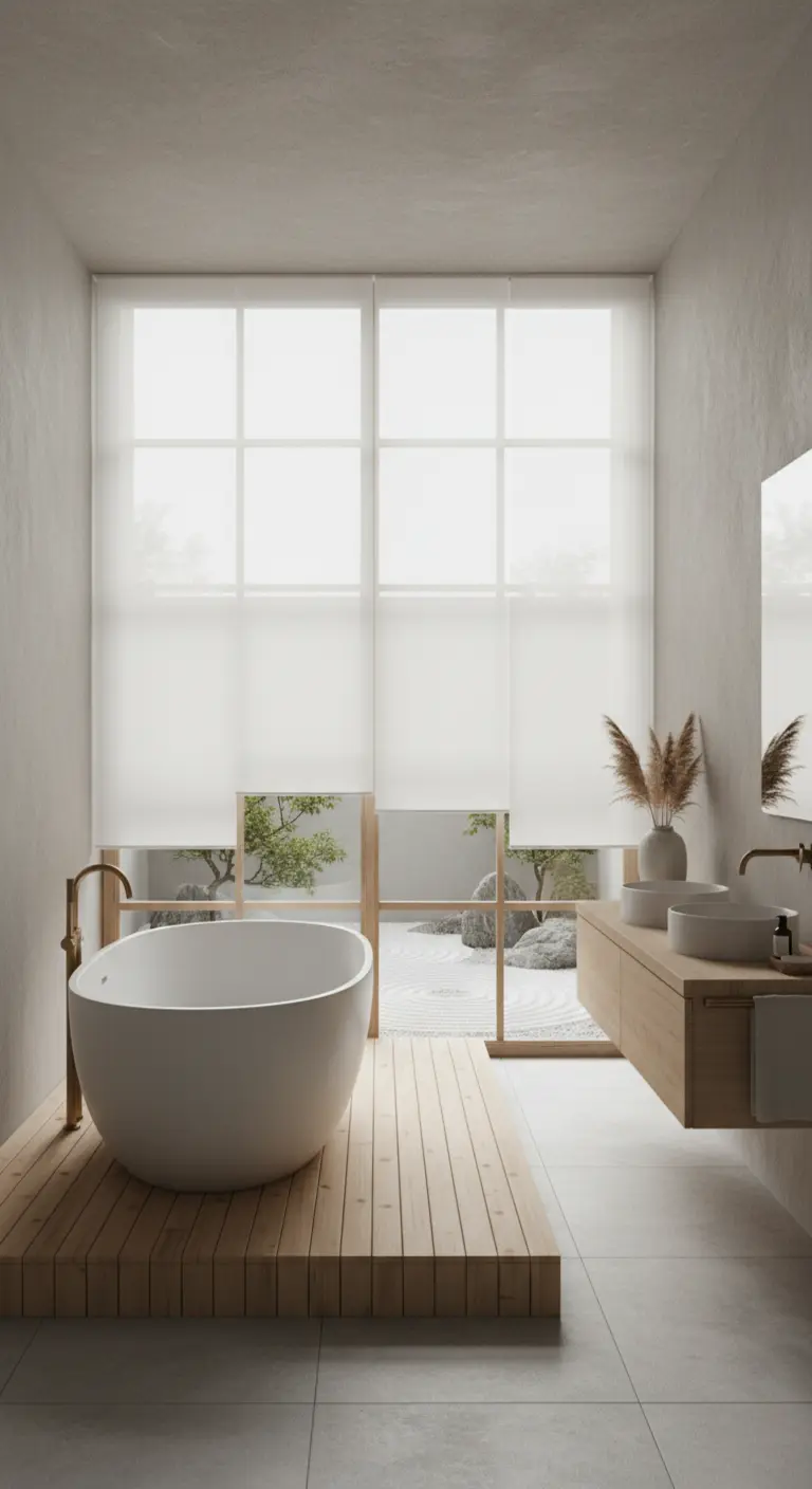 Bagno di ispirazione giapponese con vasca ovale, arredi in legno chiaro e ampie finestre con tende a rullo.