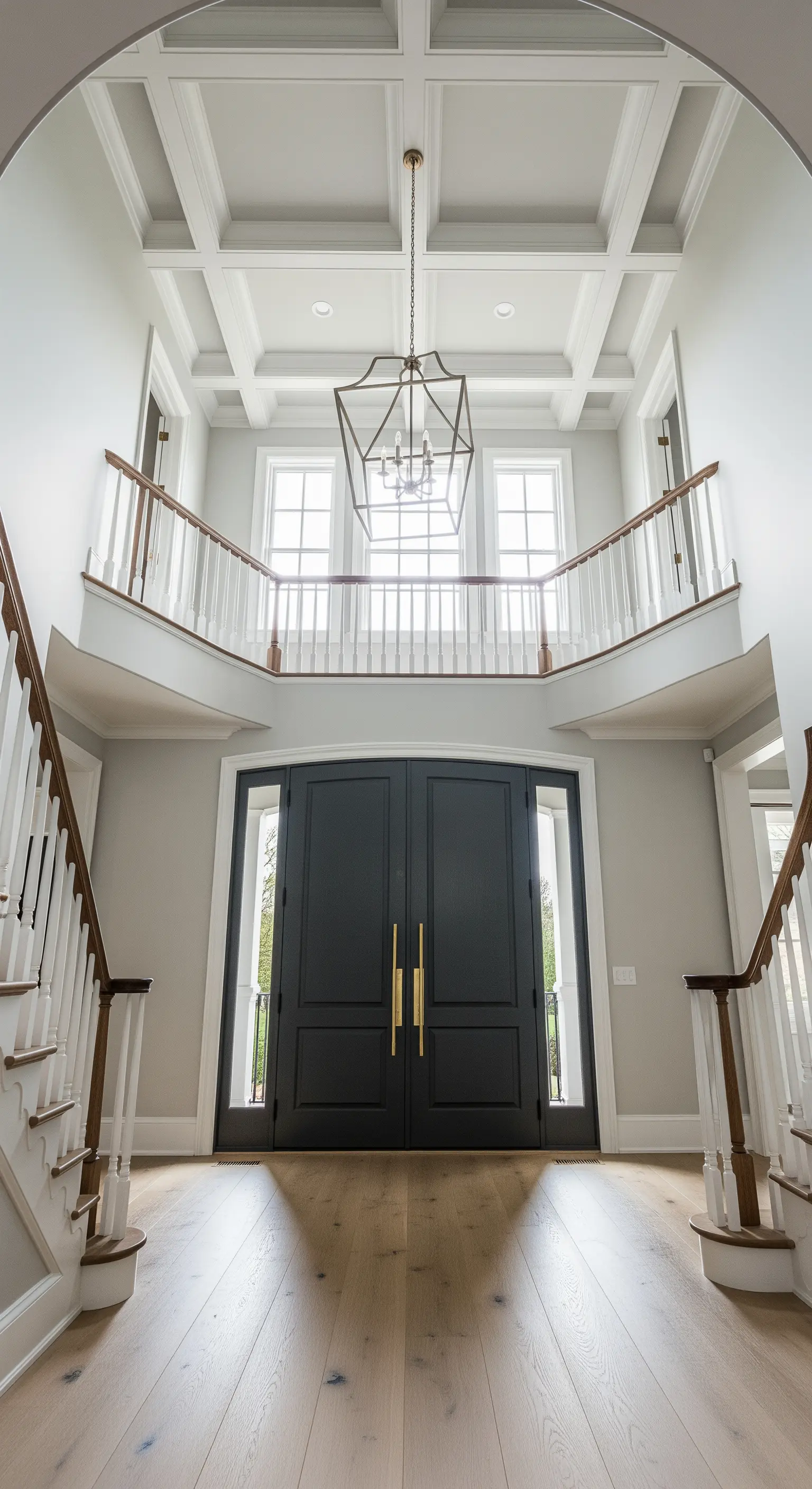 Ingresso a doppia altezza con soffitto a cassettoni bianco e un lampadario a lanterna geometrica.