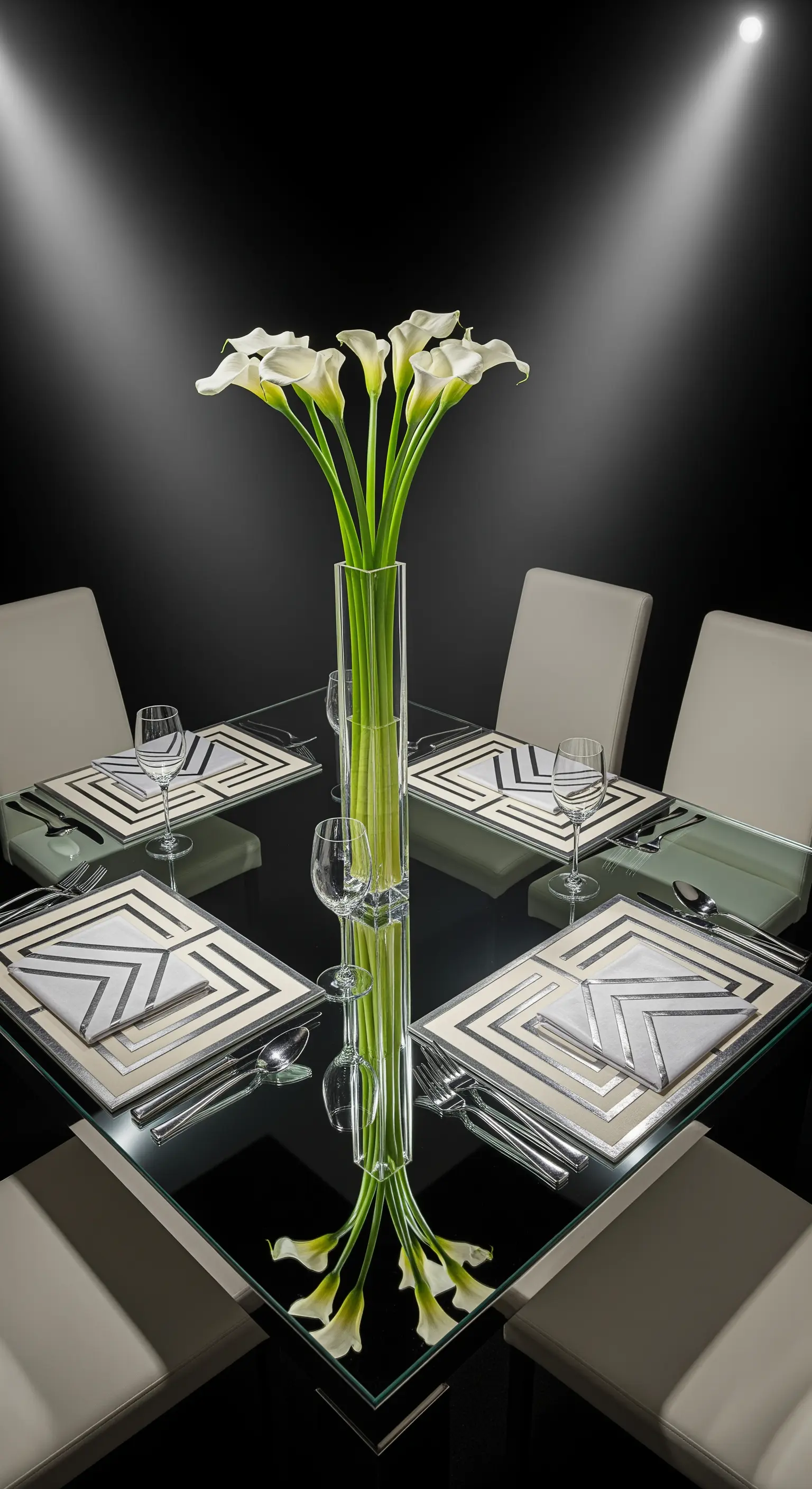 Tavola quadrata in vetro nero con calle bianche in un vaso alto e faretti.
