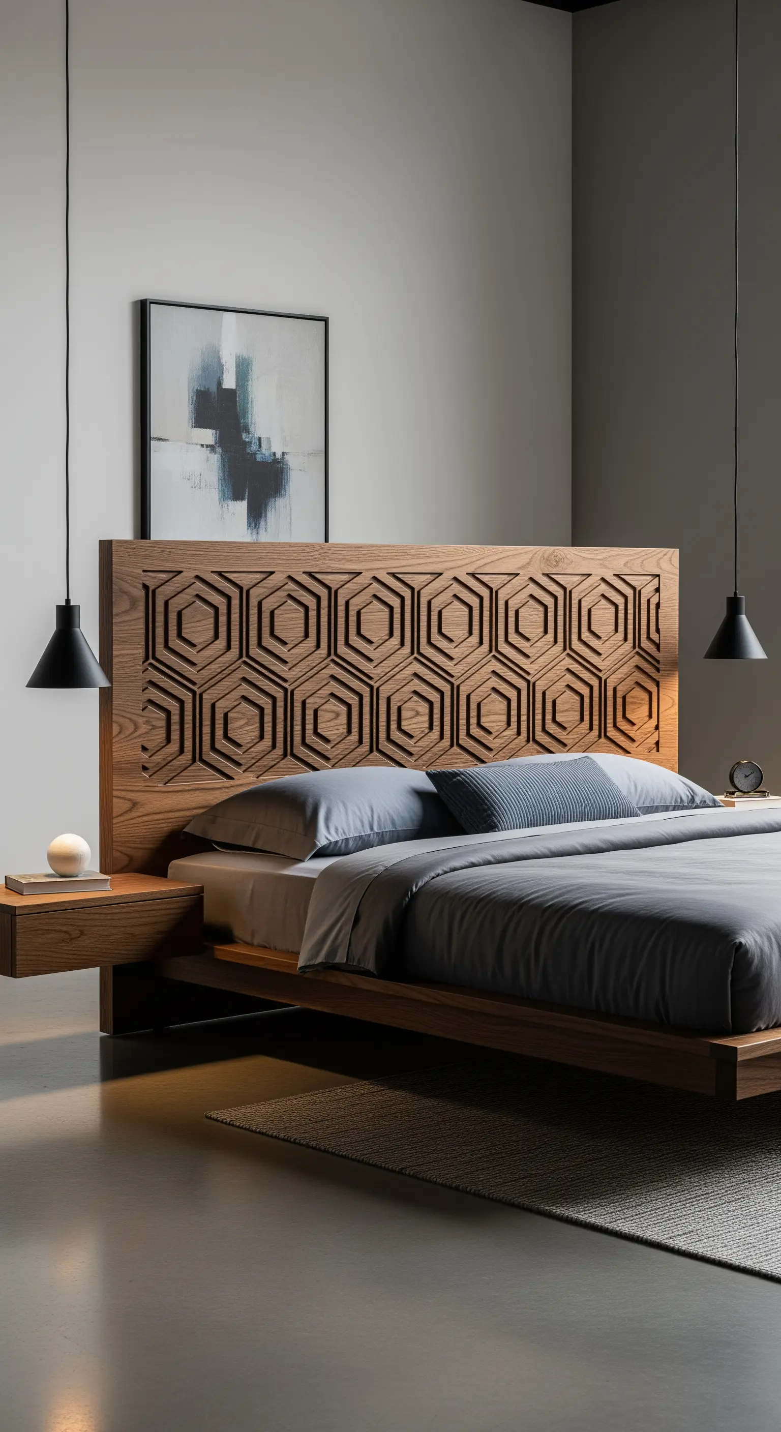 Testiera moderna in legno di noce con un motivo geometrico esagonale inciso.