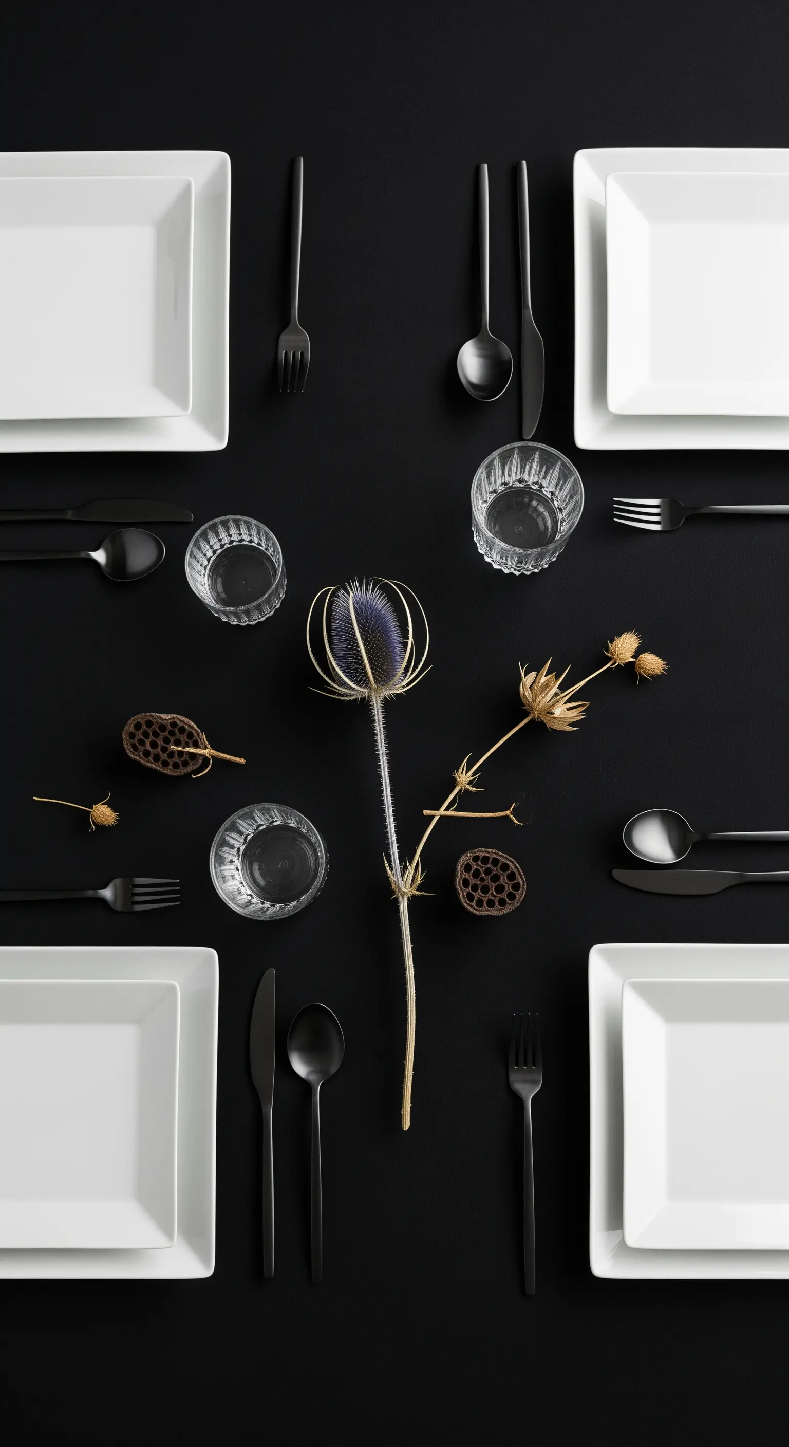 Allestimento minimalista con piatti bianchi quadrati e posate nere su fondo nero.