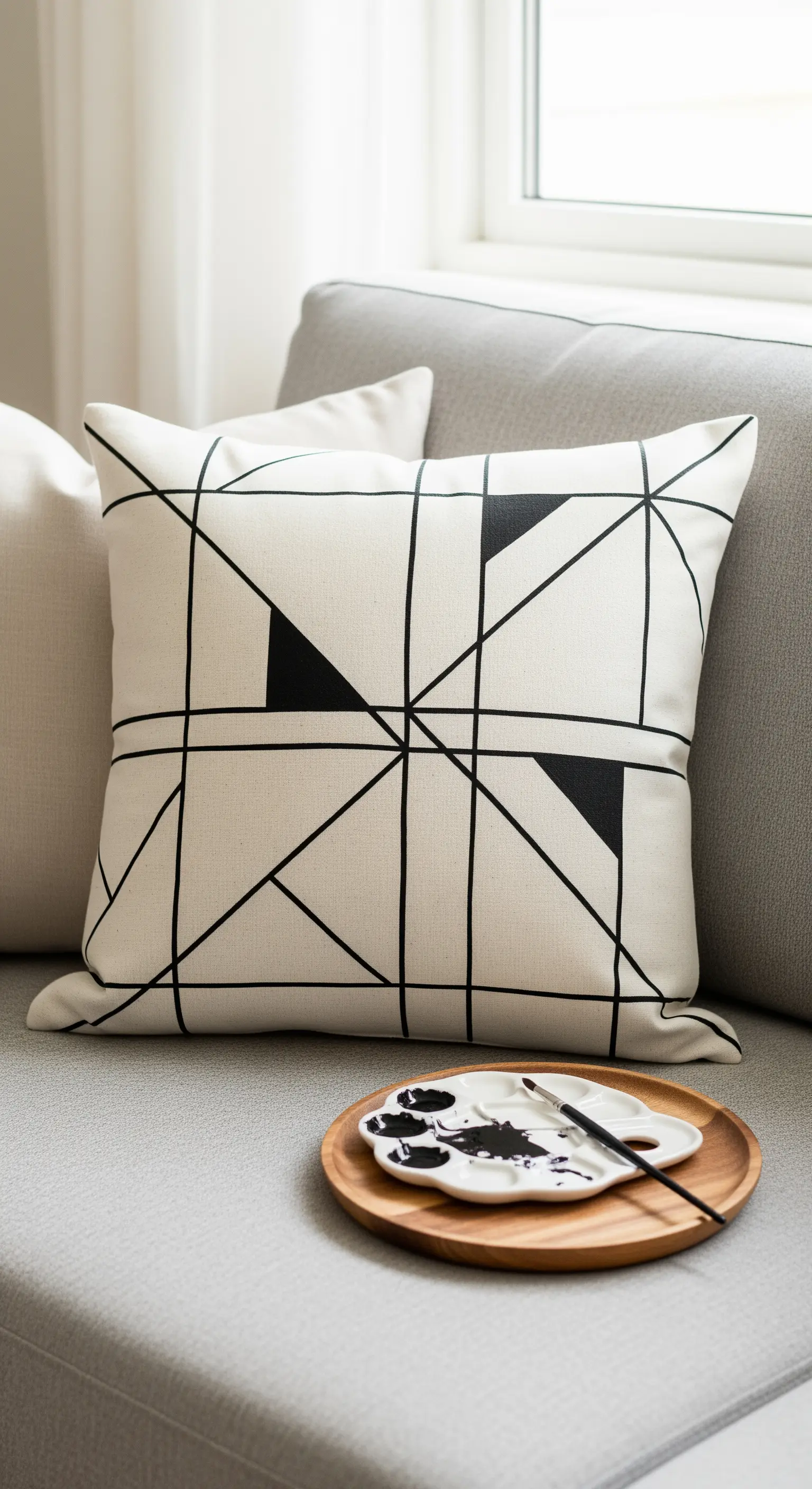 Cuscino bianco con linee nere geometriche dipinte a mano, accanto a una tavolozza con colore nero.