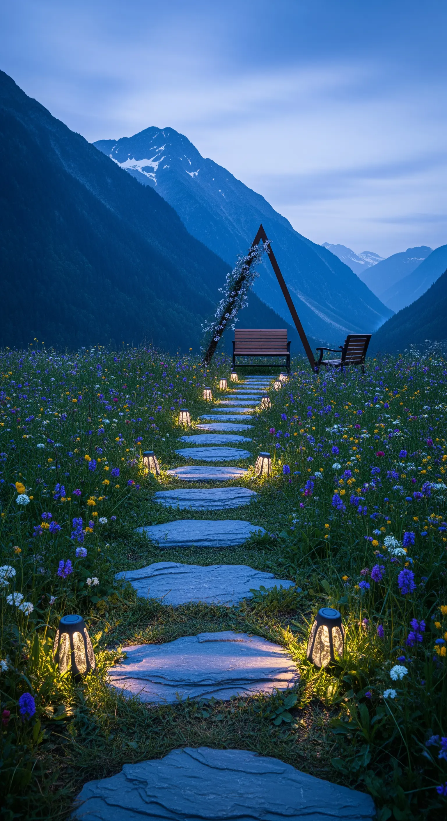 Sentiero di pietre in un prato di montagna che porta a una panca sotto un arco triangolare.