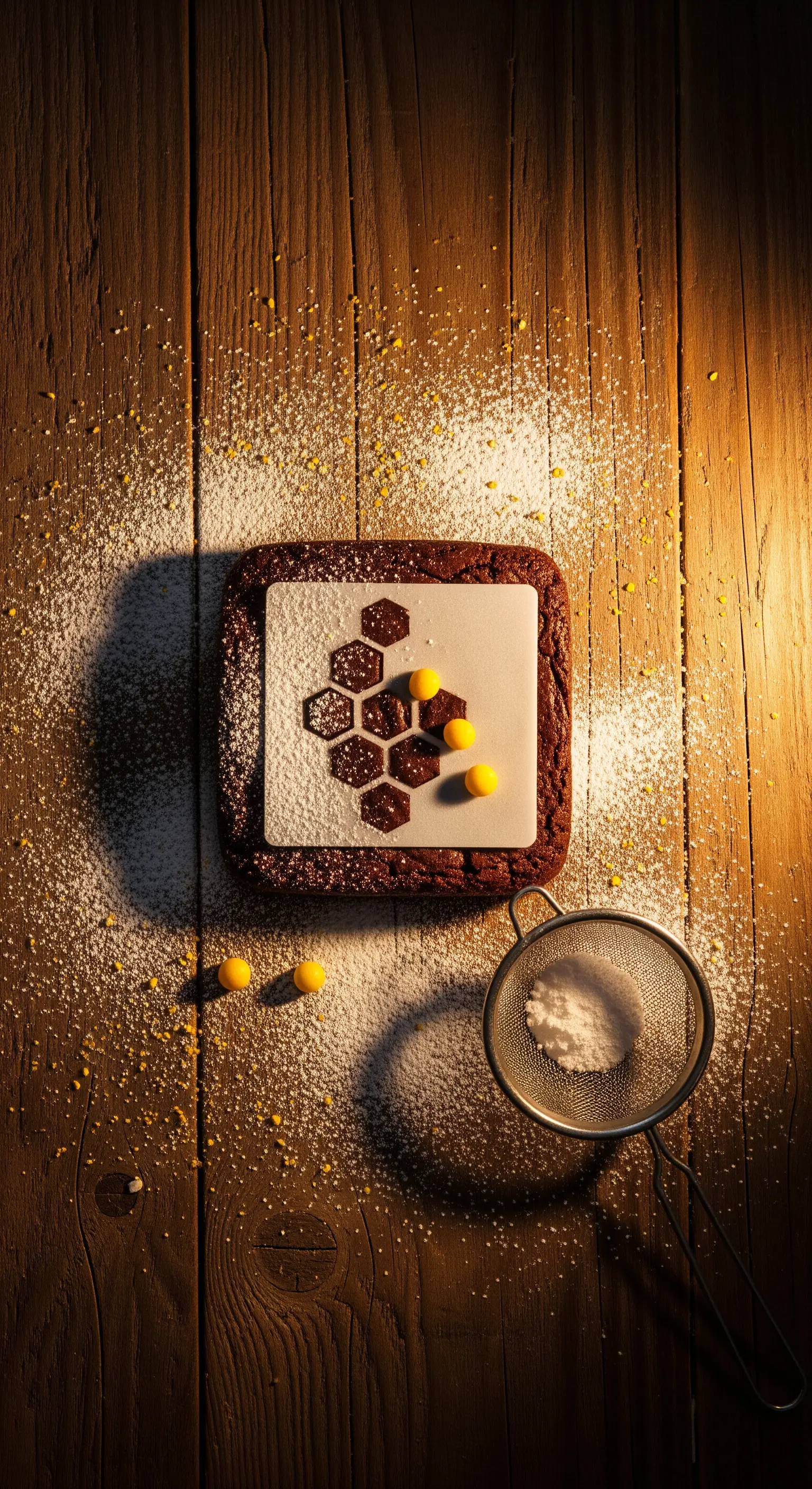 Stencil a nido d'ape usato con zucchero a velo su un brownie al cioccolato.