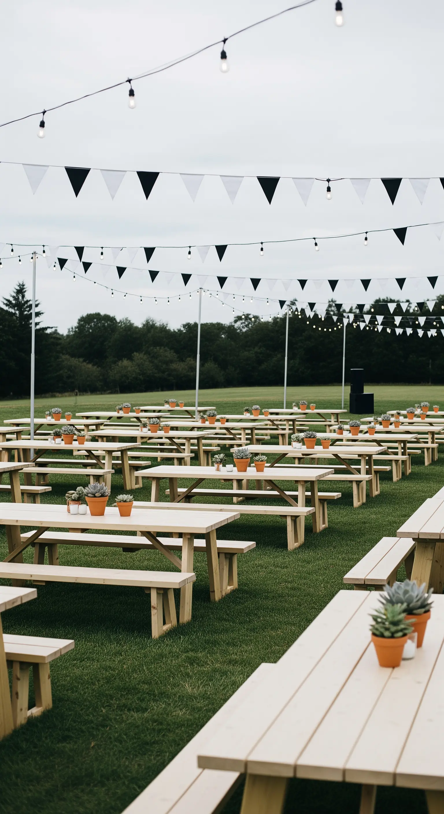 Tavoli da picnic in legno chiaro con bandierine bianche e nere e piante grasse.