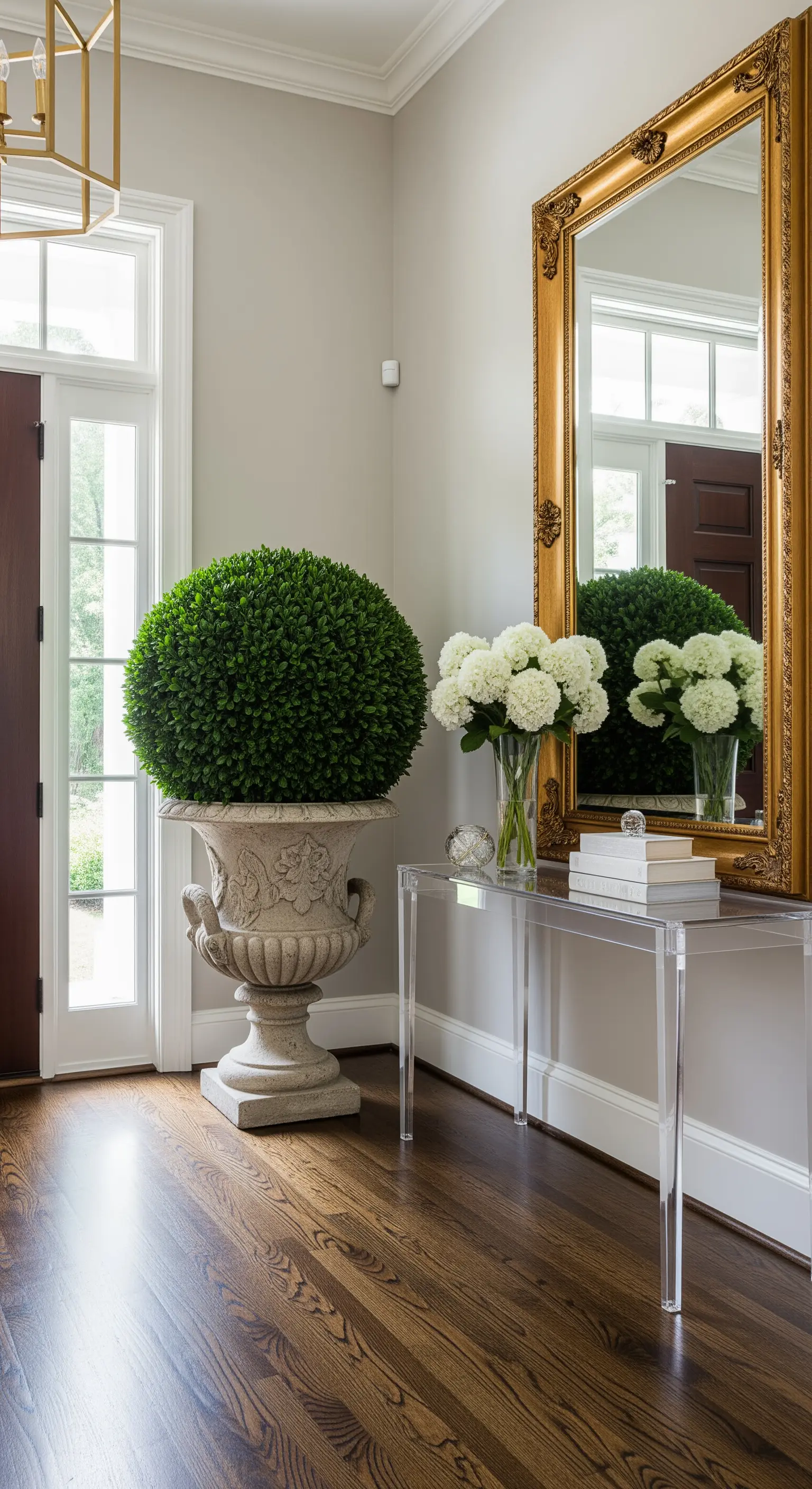 Grande sfera di bosso in un'urna di pietra accanto a una consolle in acrilico e uno specchio dorato.