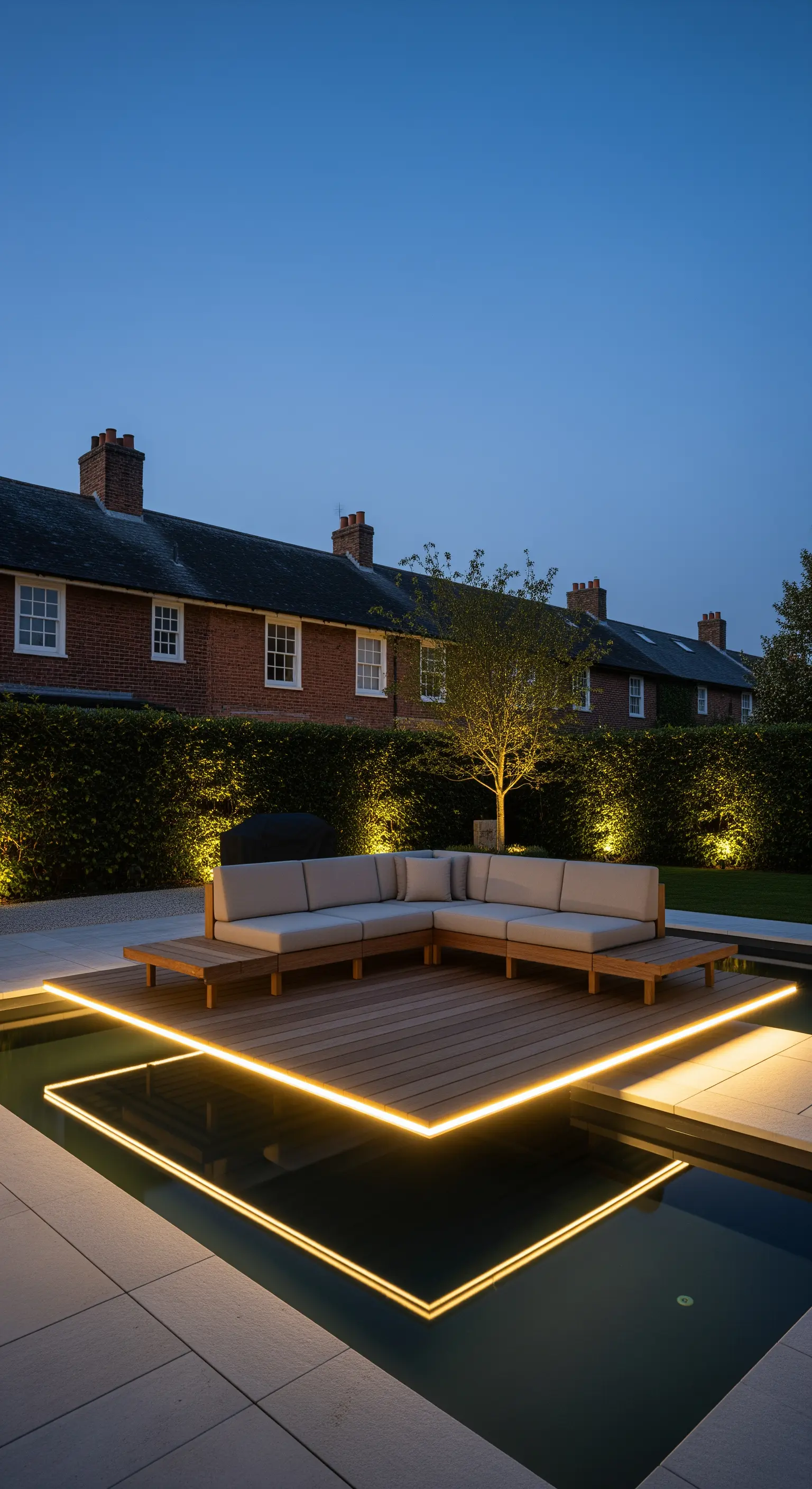 Una pedana in legno sull'acqua è delineata con motivi geometrici di strisce luminose LED calde.