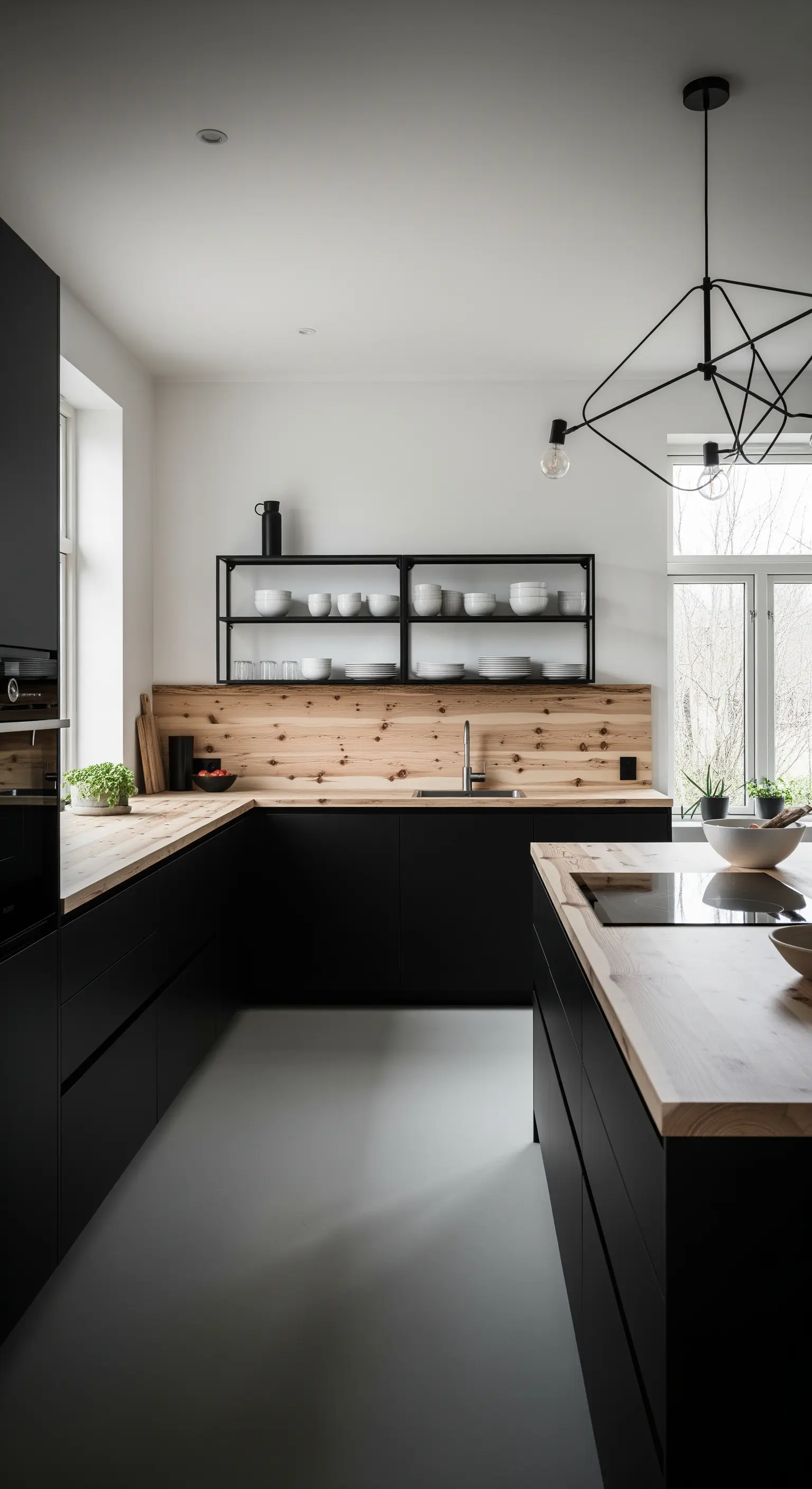 Cucina minimalista con mobili neri opachi, top e paraschizzi in legno chiaro e mensole in metallo.