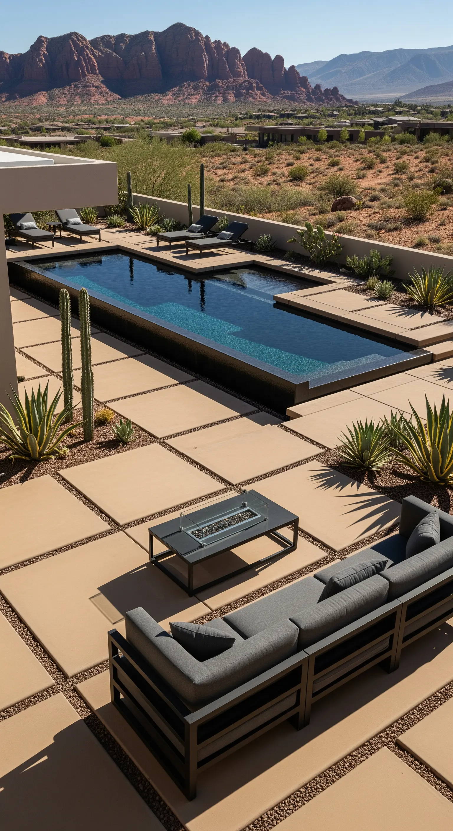 Piscina a sfioro rettangolare con pavimentazione a lastre e un divano outdoor grigio scuro.