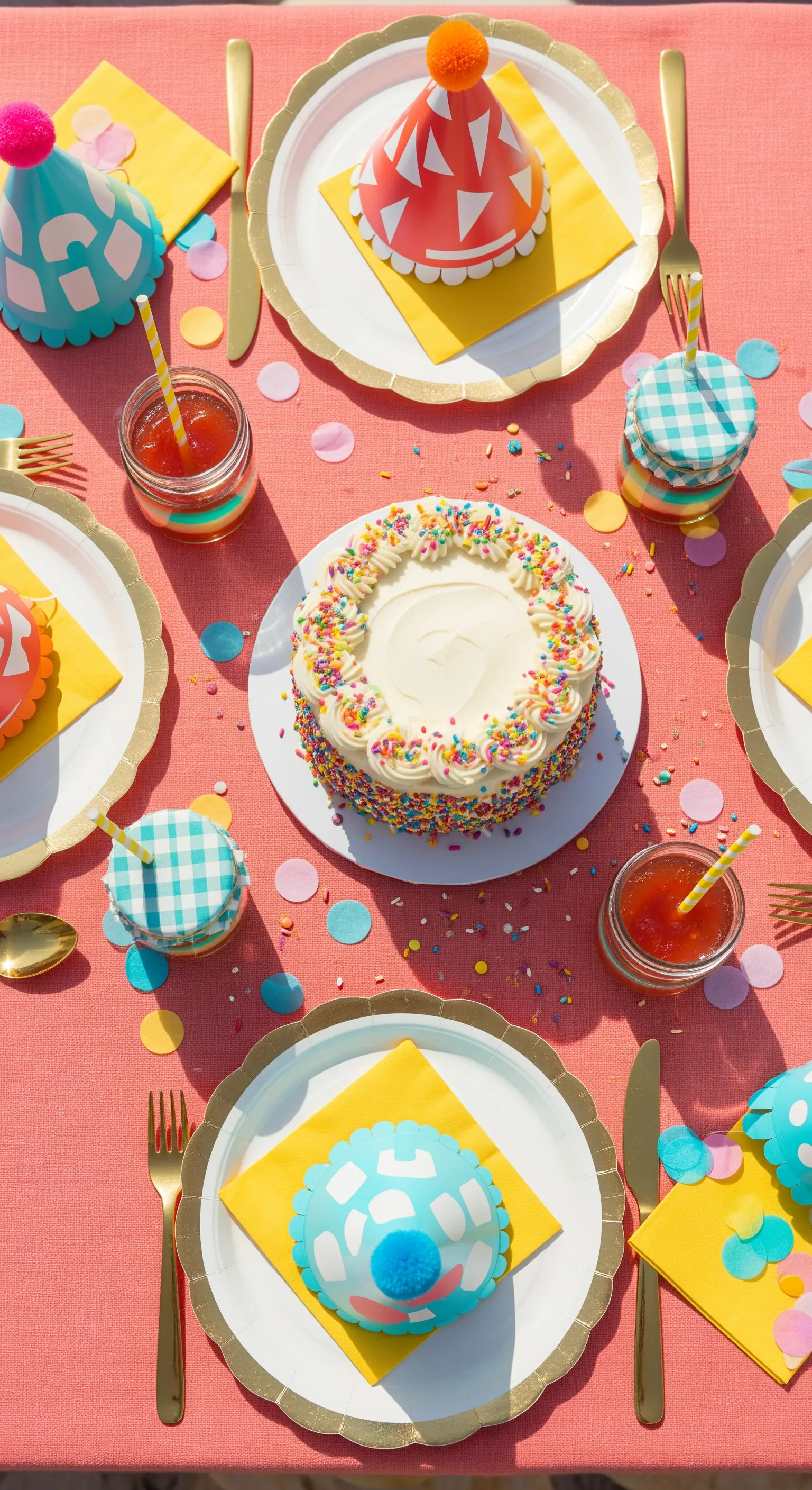 Tavola di compleanno colorata con torta, cappellini e coriandoli, vista dall'alto.