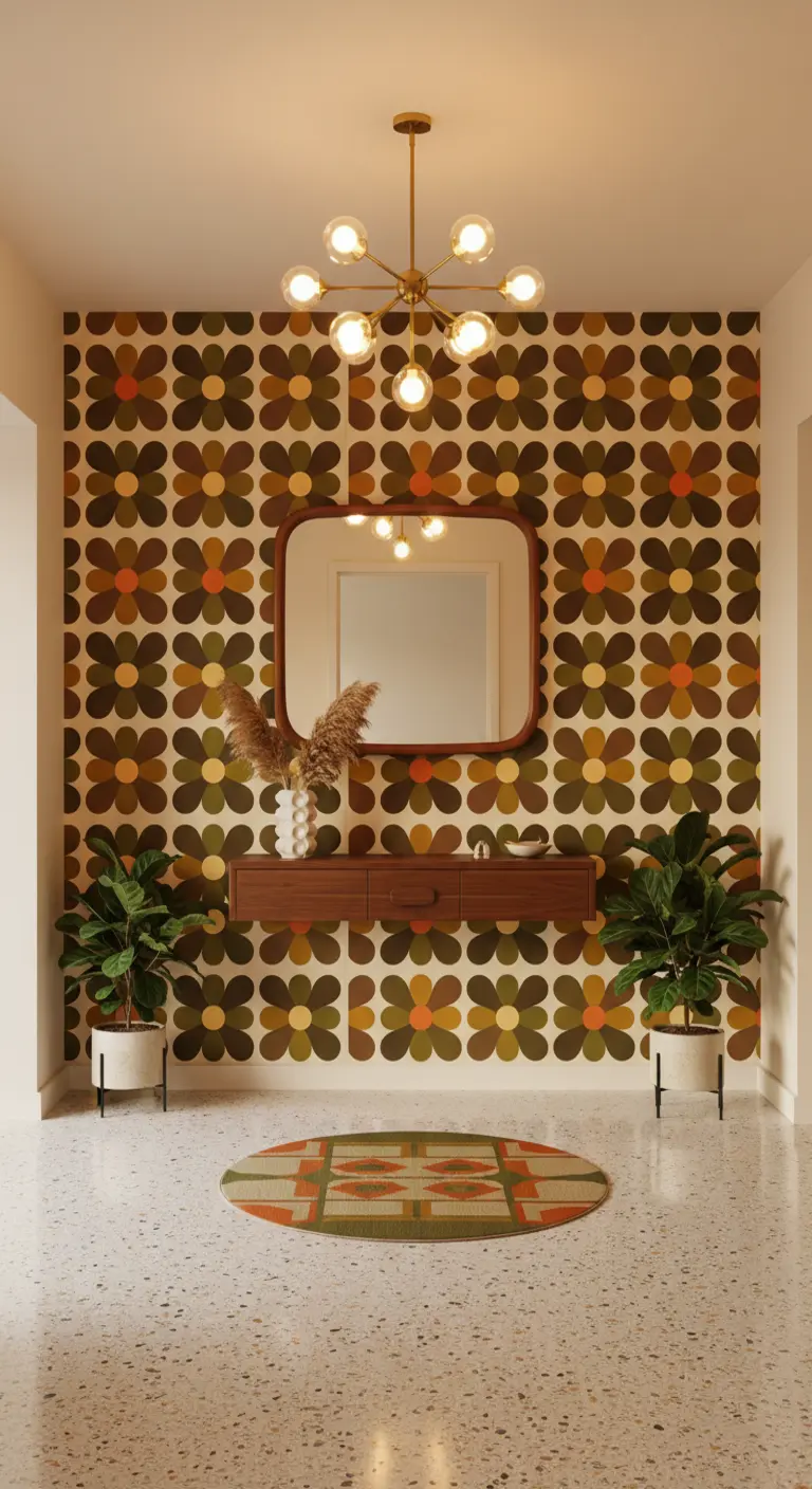 Ingresso in stile anni '70 con carta da parati a fiori geometrici e specchio arrotondato.