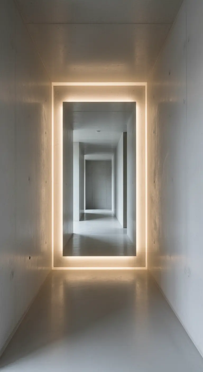 Corridoio in cemento con uno specchio quadrato incassato e retroilluminato.