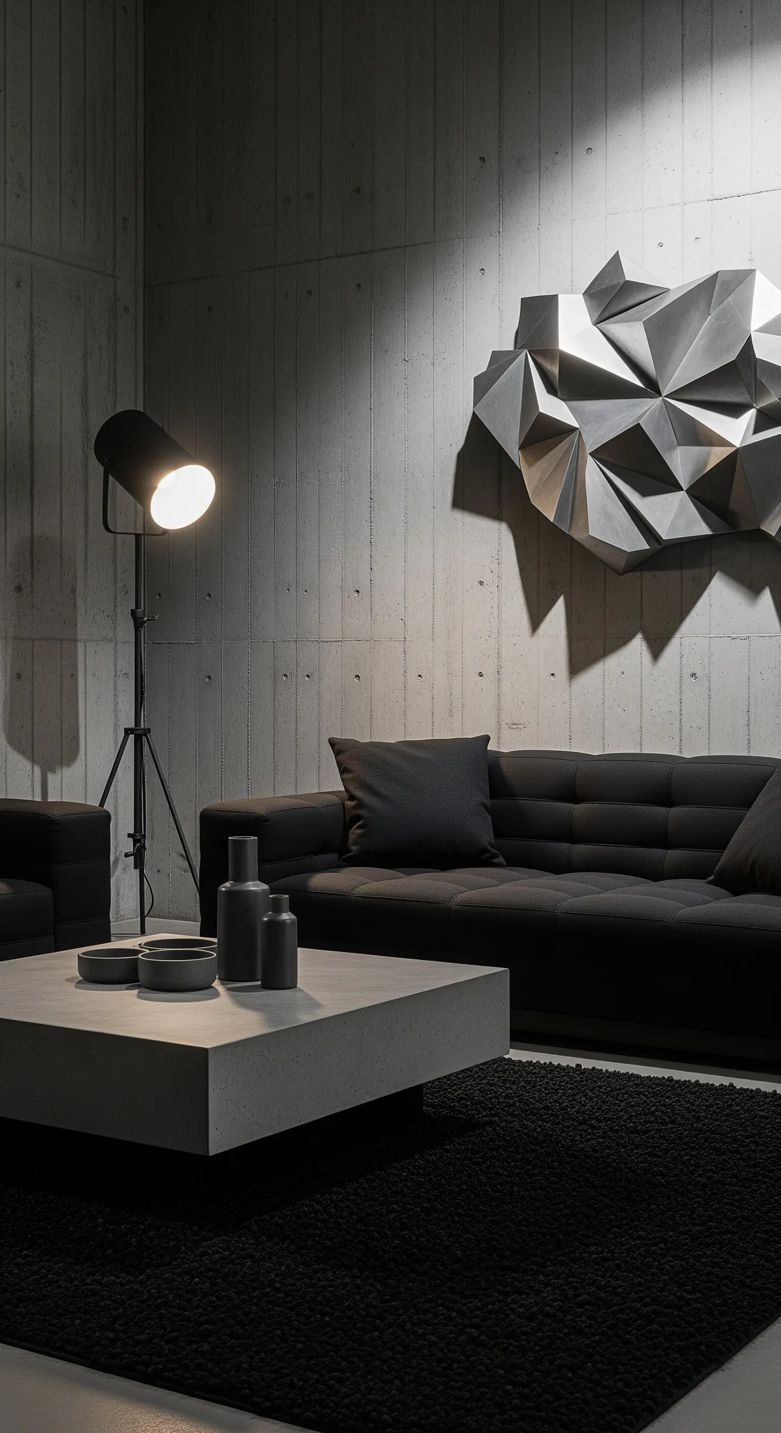 Ambiente industriale con pareti in cemento, divano nero e scultura geometrica a parete.
