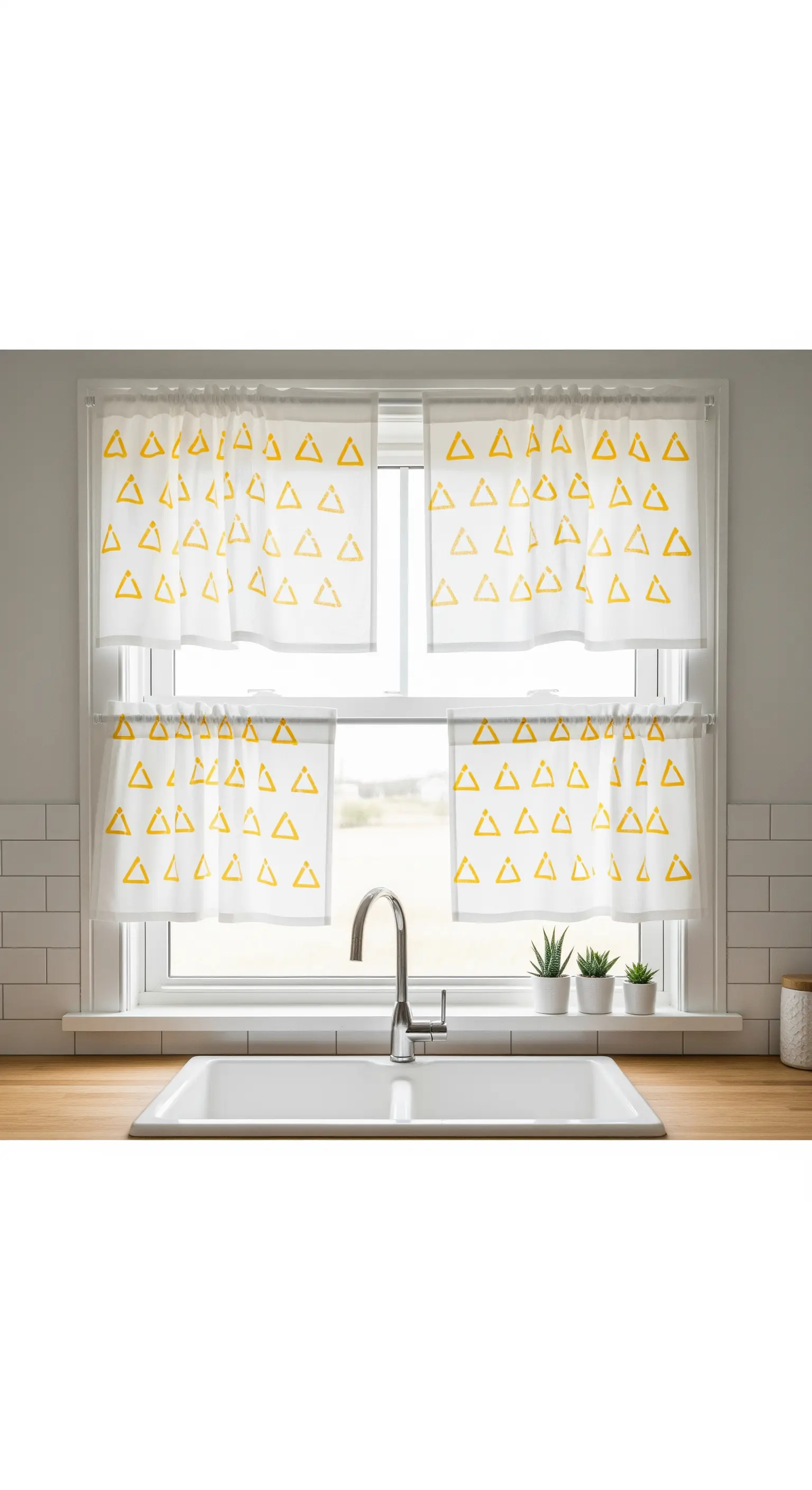 Tende da cucina bianche a mezza altezza con un motivo di triangoli gialli stampati a mano.