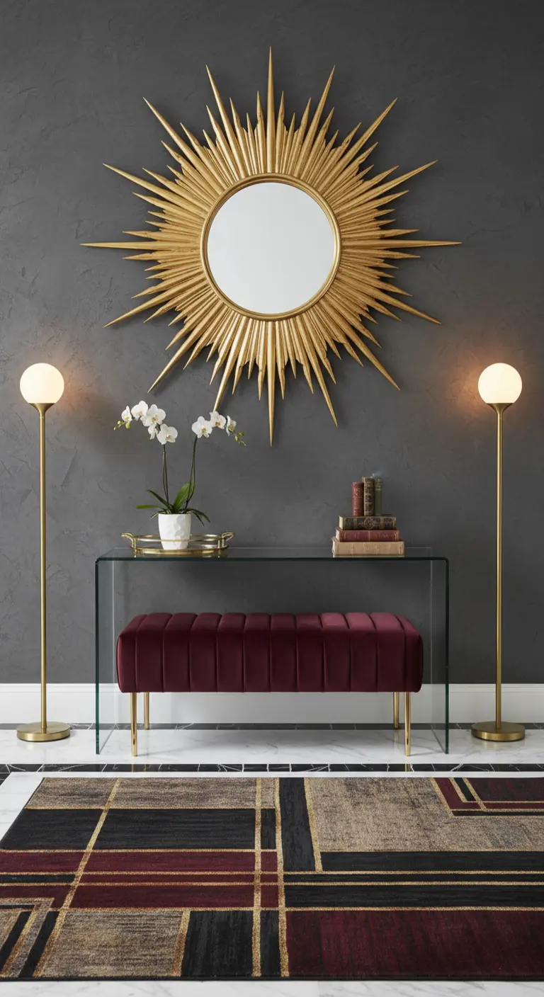 Ingresso con specchio dorato a raggiera, panca in velluto e console in vetro.
