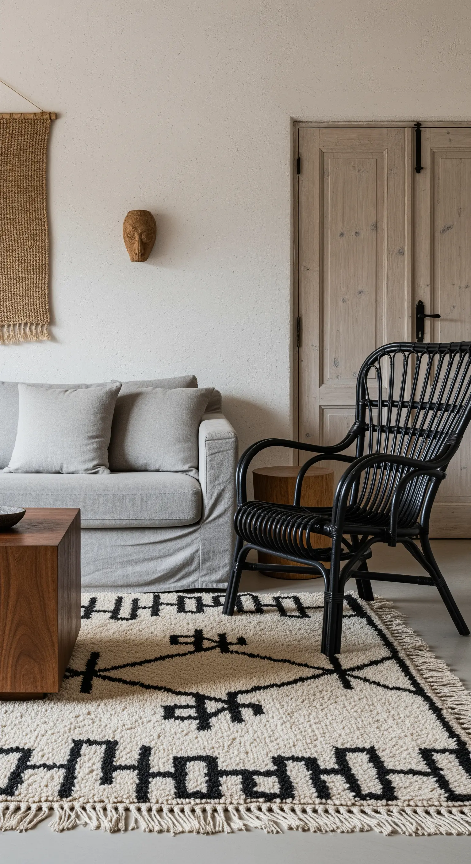 Salotto con sedia in rattan nero, divano grigio e tappeto berbero in bianco e nero.
