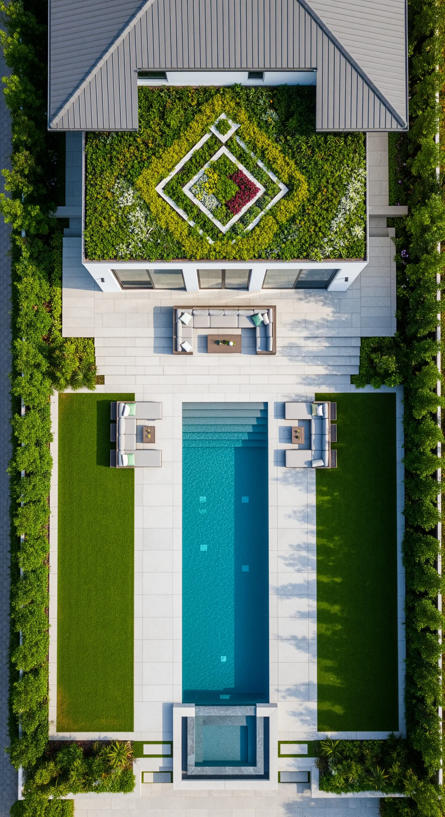 Vista aerea di una villa moderna con piscina rettangolare e un tetto verde decorato.