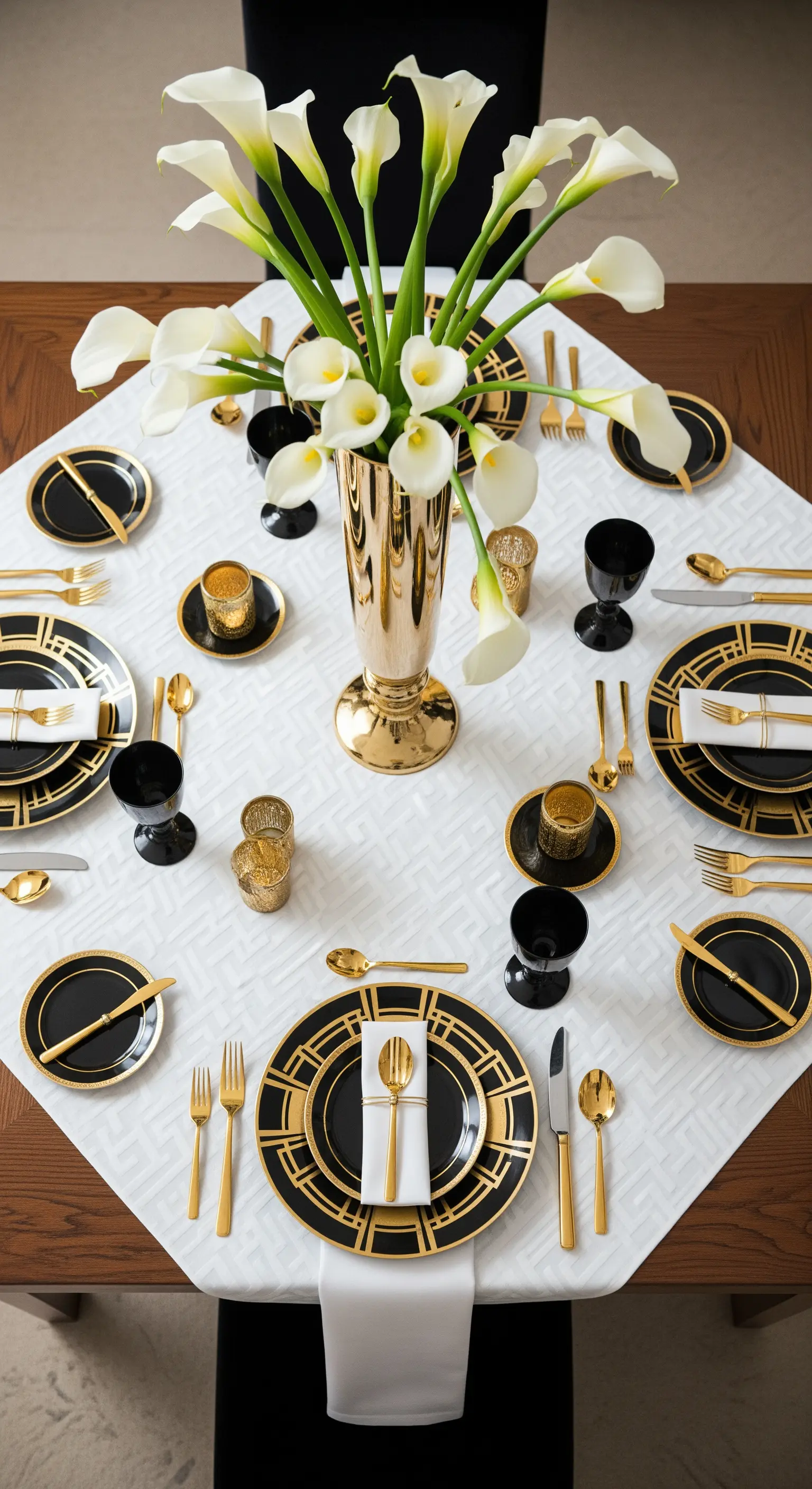 Tavola Art Déco con piatti neri e oro, tovaglia bianca e calle in un vaso dorato.