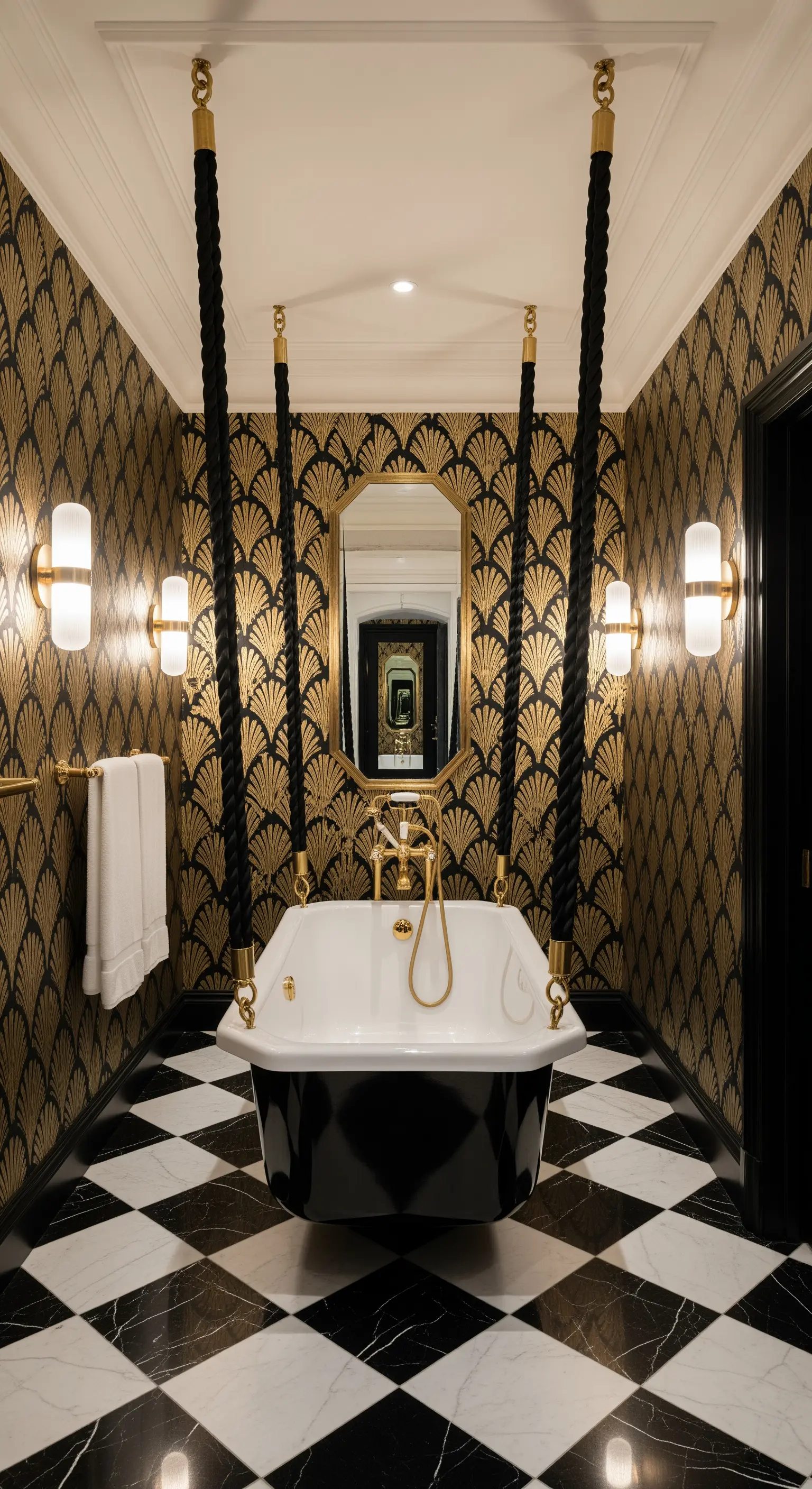 Vasca sospesa con corde nere in un bagno Art Déco con carta da parati dorata e pavimento a scacchi.