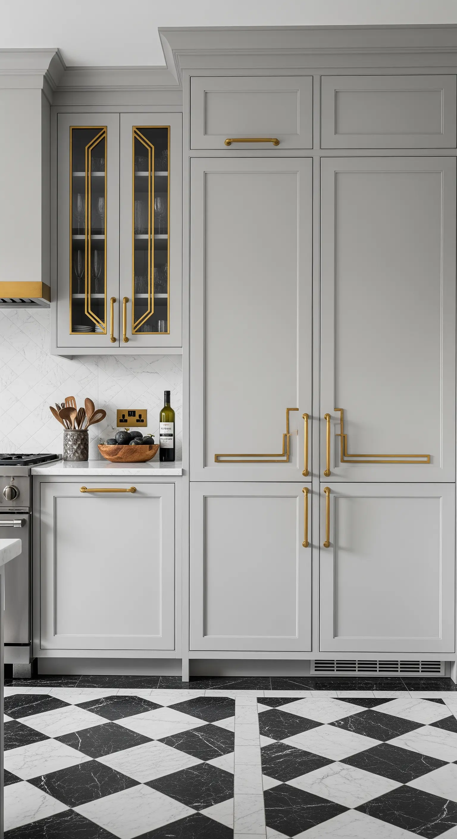 Dettaglio di una cucina grigia con maniglie dorate in stile Art Déco e pavimento a scacchiera in marmo.